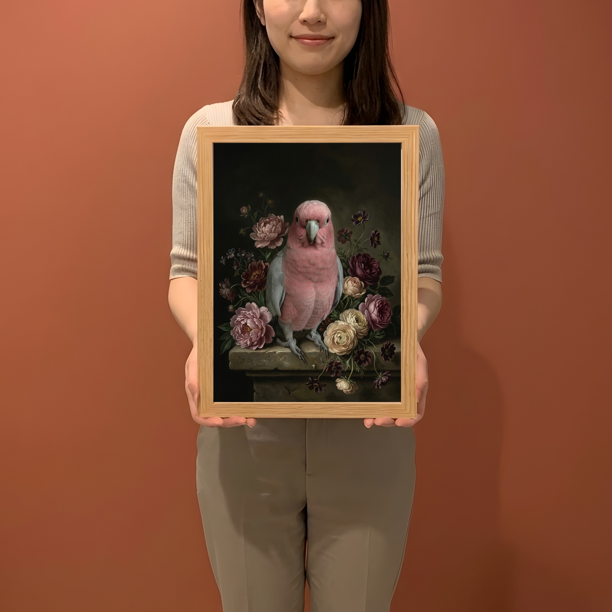 モモイロインコの花の油絵風アート花柄額装プリント（A4サイズ）（2枚目）
