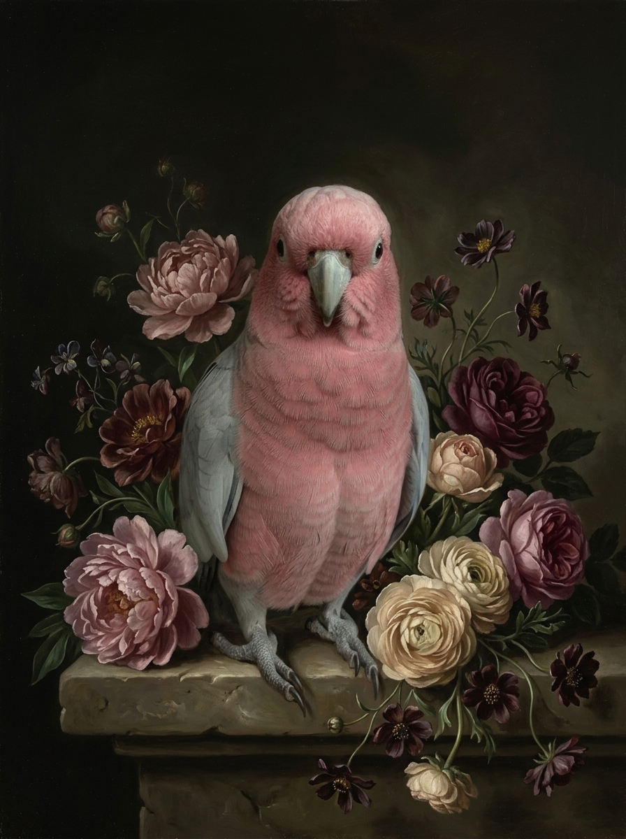 モモイロインコの花の油絵風アート花柄額装プリント（A4サイズ）（4枚目）