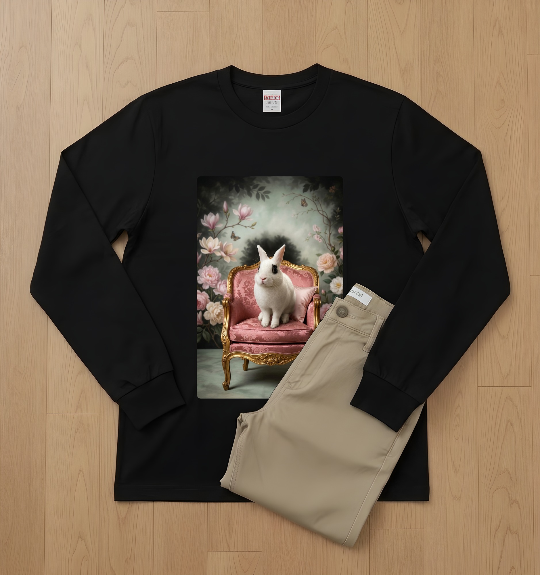 ドワーフホトのシャビーピンクの油絵風アートロココ調長袖Tシャツ（ブラック）（2枚目）