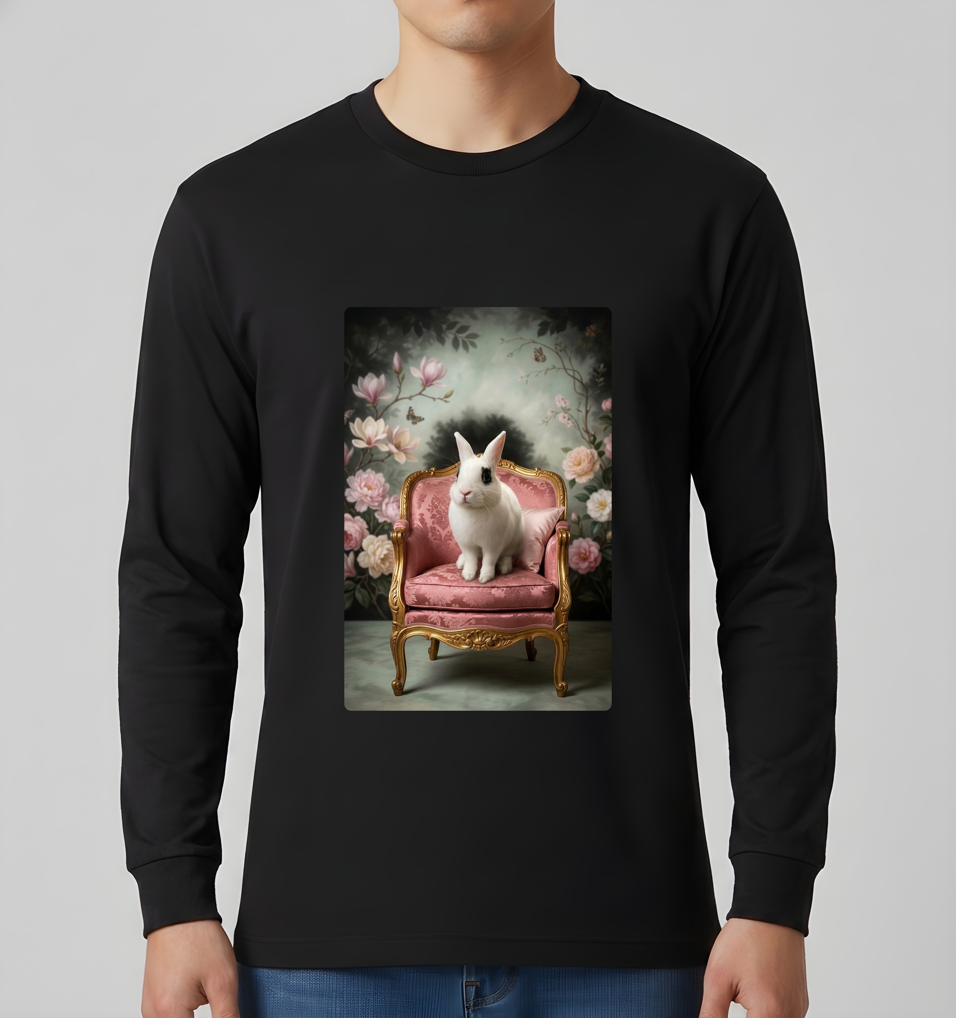 ドワーフホトのシャビーピンクの油絵風アートロココ調長袖Tシャツ（ブラック）（3枚目）