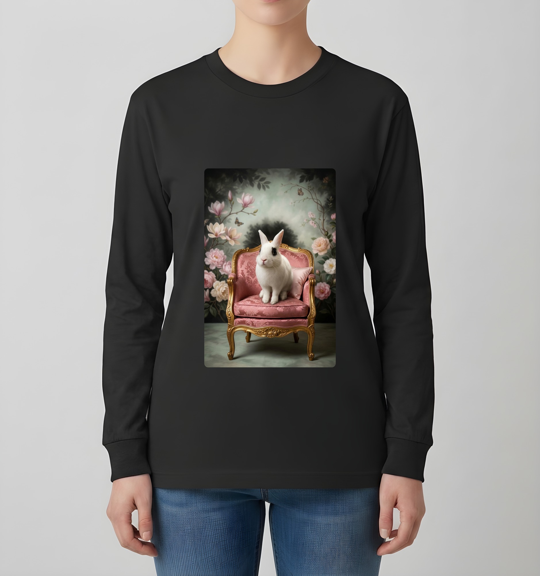 ドワーフホトのシャビーピンクの油絵風アートロココ調長袖Tシャツ（ブラック）（4枚目）