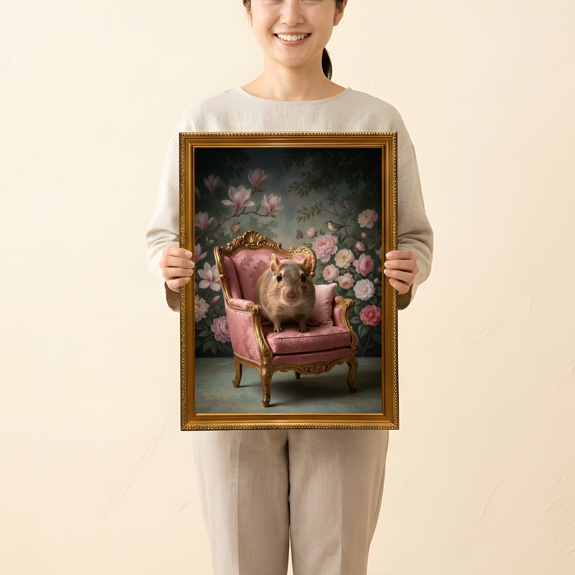 デグーのシャビーピンクの油絵風アートロココ調額装プリント(A3サイズ)(2枚目)