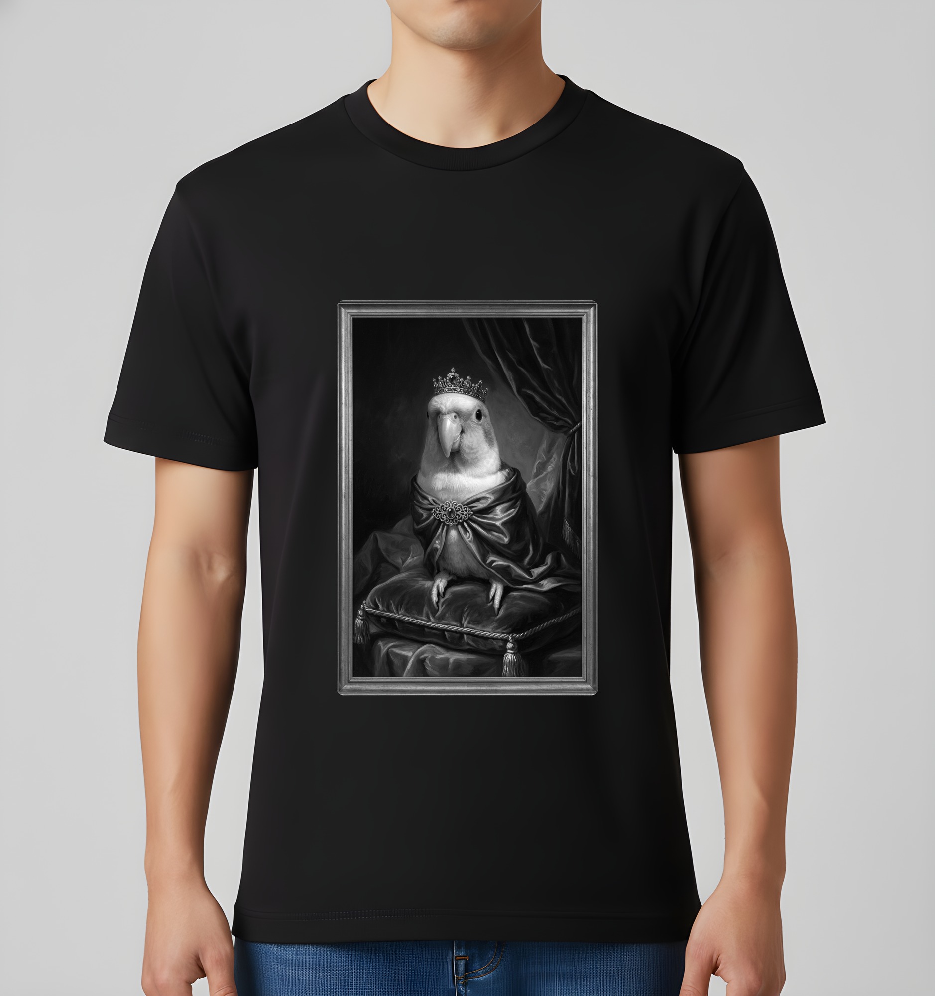 シロハラインコのルネサンス肖像画Tシャツ(ブラック・モノクロプリント・額縁なし)(3枚目)