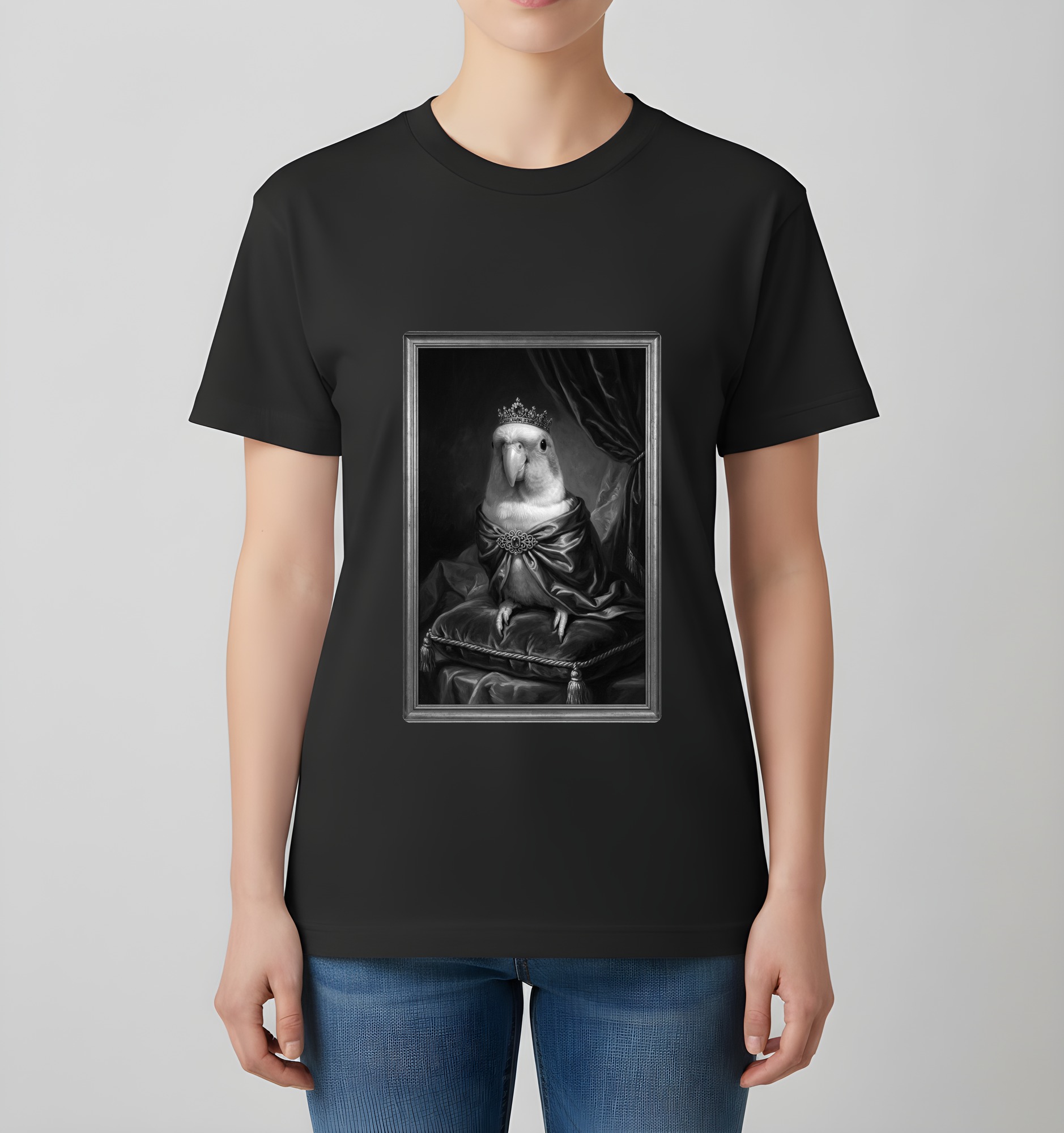 シロハラインコのルネサンス肖像画Tシャツ(ブラック・モノクロプリント・額縁なし)(4枚目)