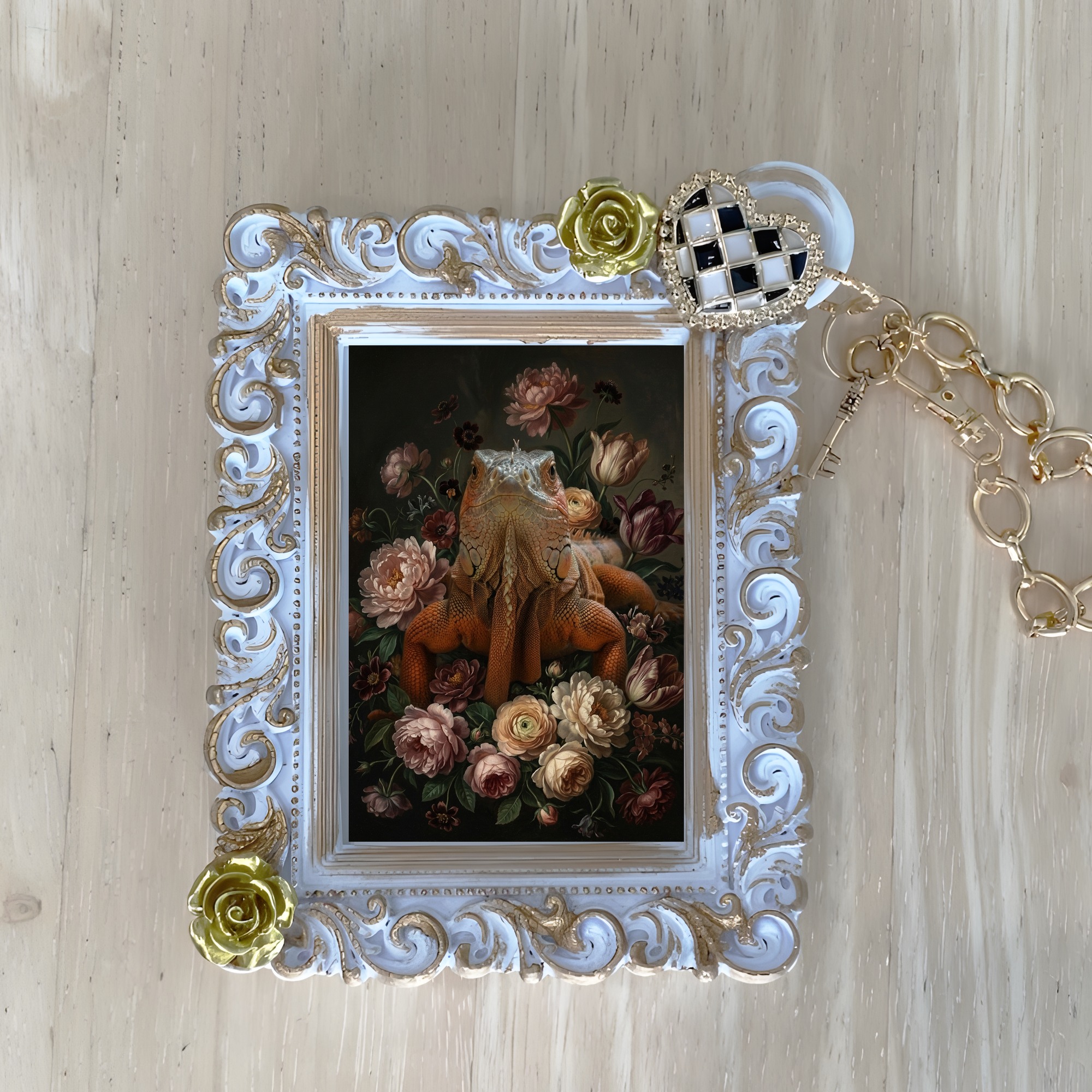 レッドイグアナの花の油絵風アート花柄バッグチャーム(ホワイト)
