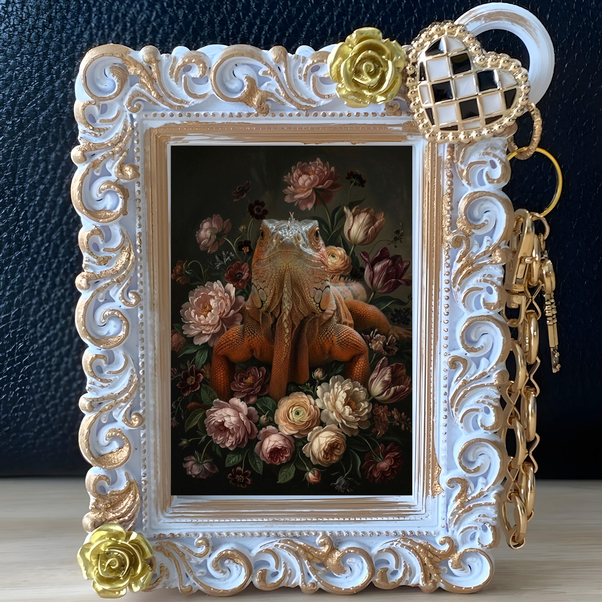レッドイグアナの花の油絵風アート花柄バッグチャーム（ホワイト）（2枚目）
