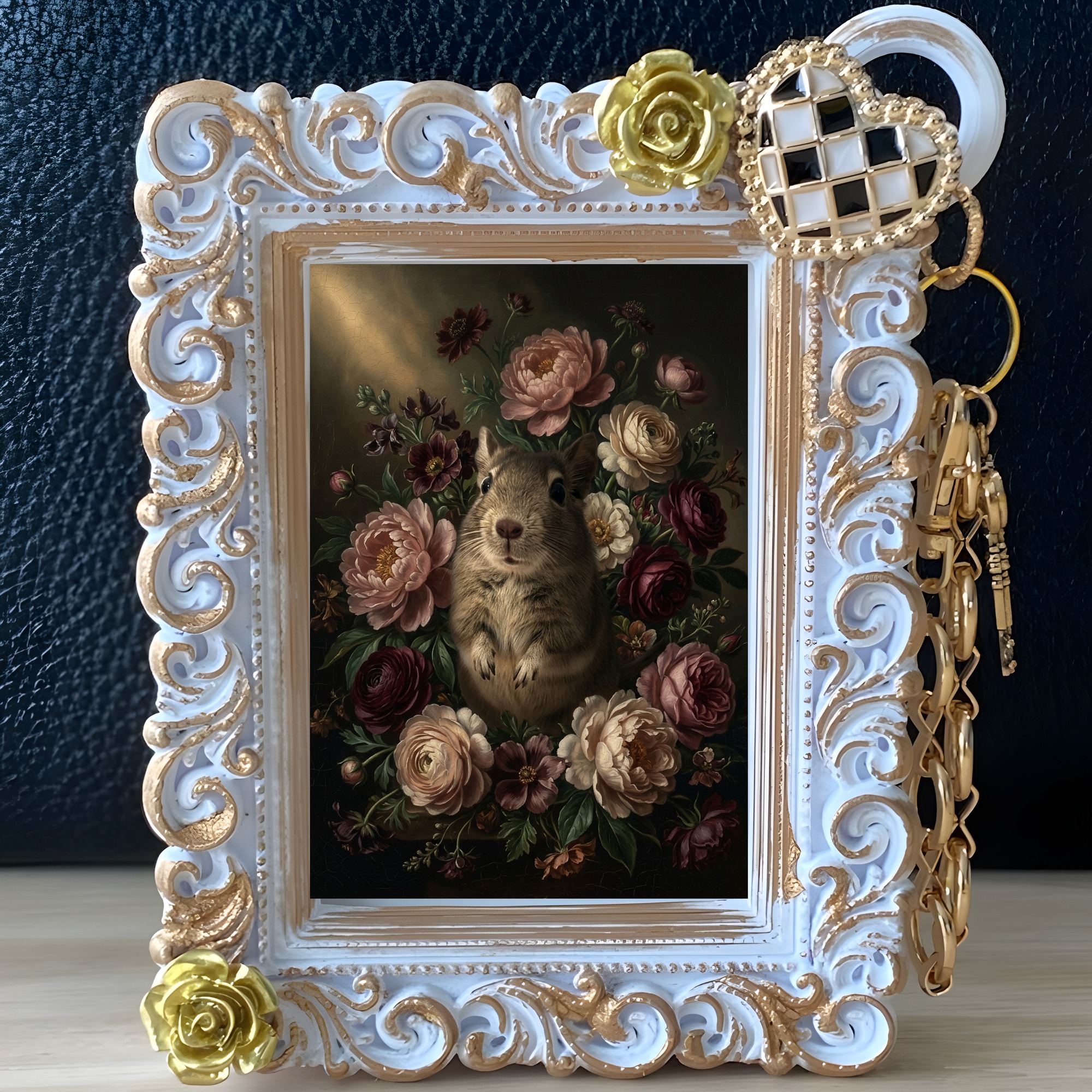 デグーの花の油絵風アート花柄バッグチャーム(ホワイト)(2枚目)