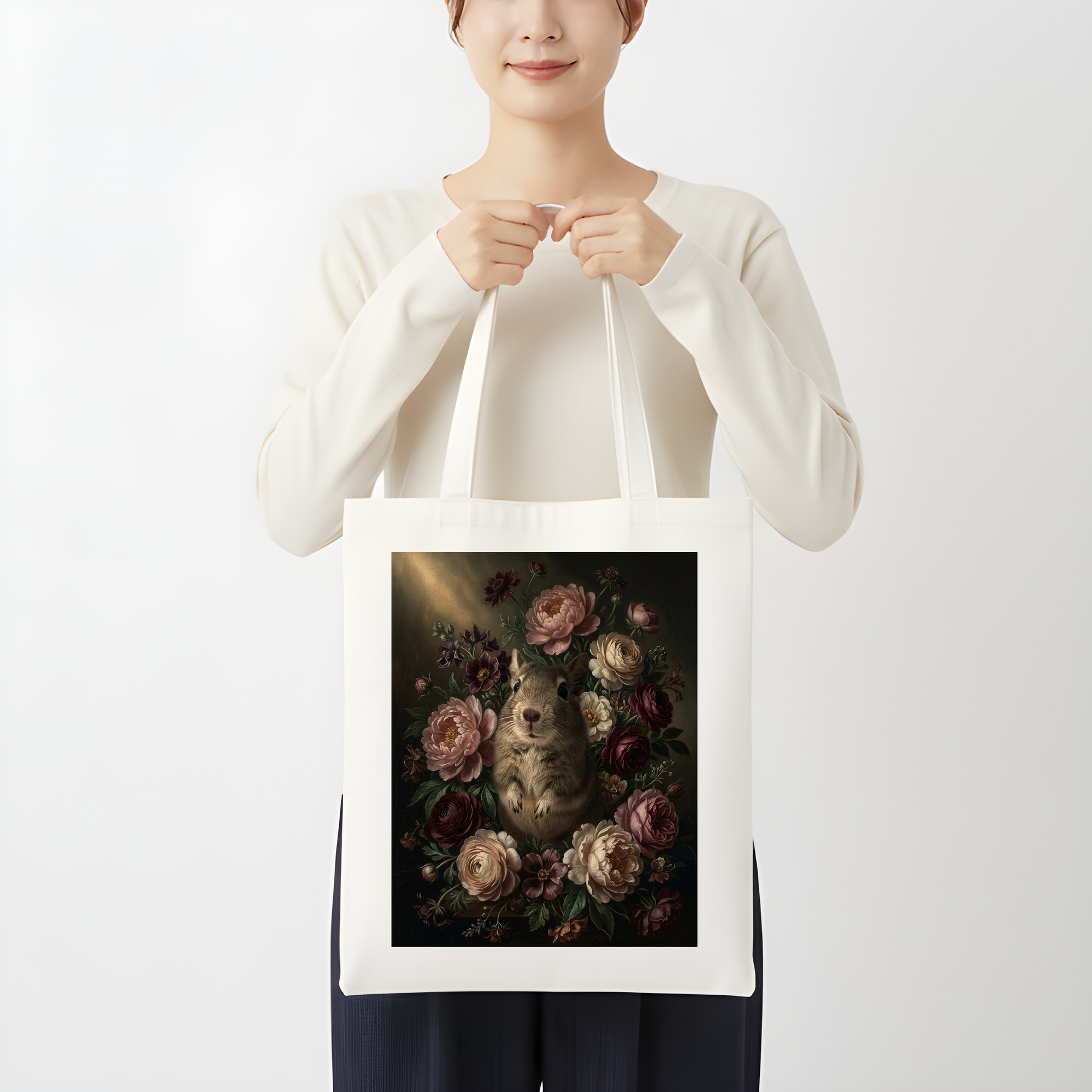 デグーの花の油絵風アート花柄トートバッグ（3枚目）