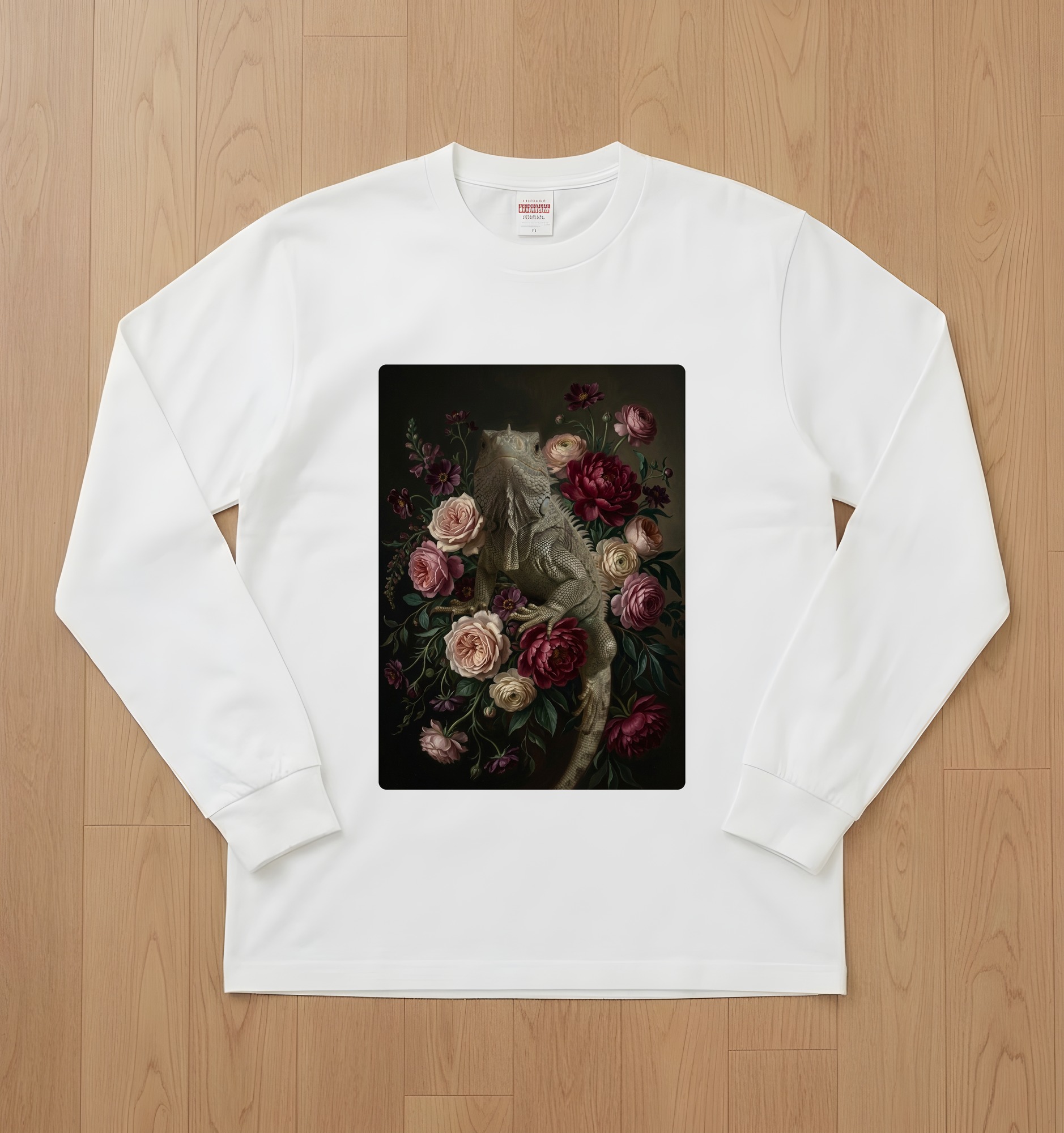 サイイグアナの花の油絵風アート花柄長袖Tシャツ(ホワイト)