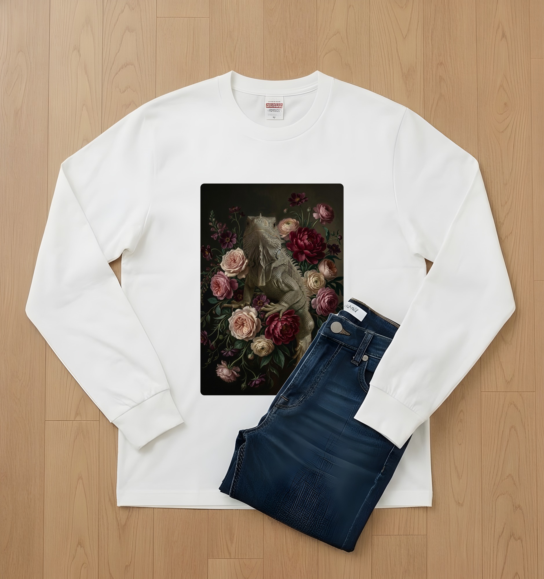 サイイグアナの花の油絵風アート花柄長袖Tシャツ(ホワイト)(2枚目)