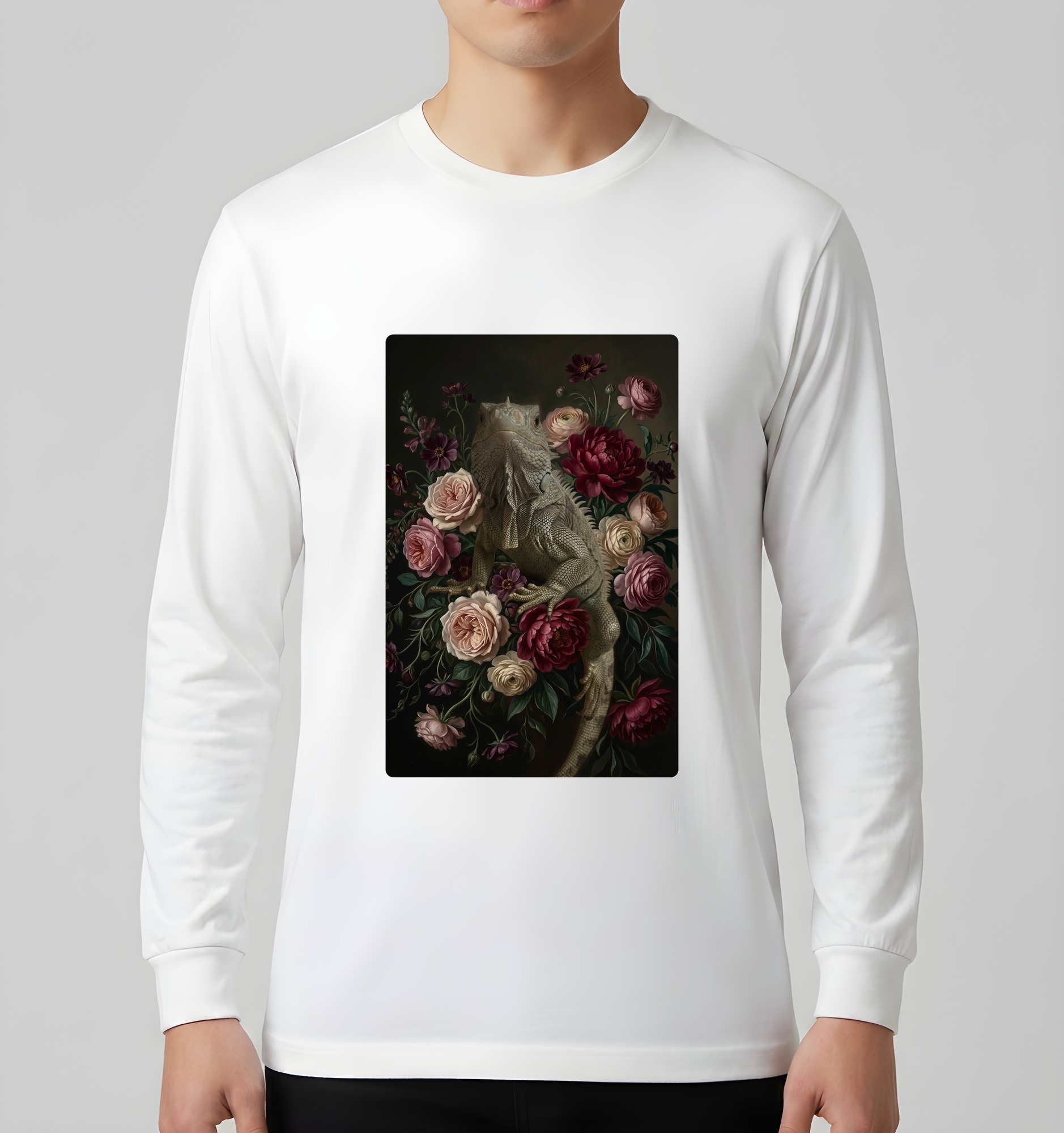 サイイグアナの花の油絵風アート花柄長袖Tシャツ(ホワイト)(3枚目)