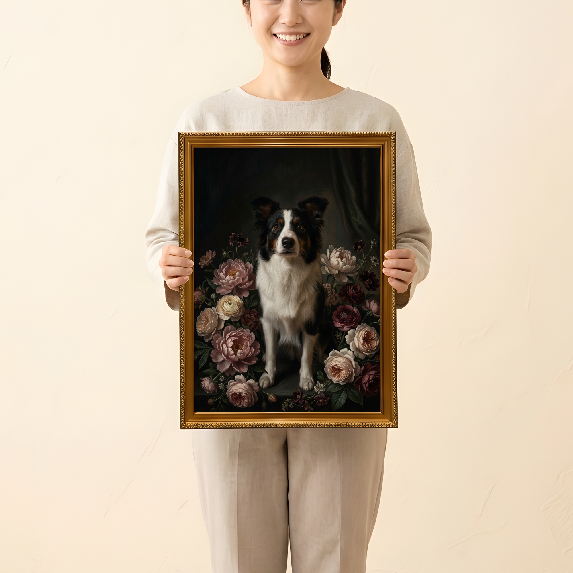 ボーダーコリーの花の油絵風アート花柄額装プリント（A3サイズ）（2枚目）