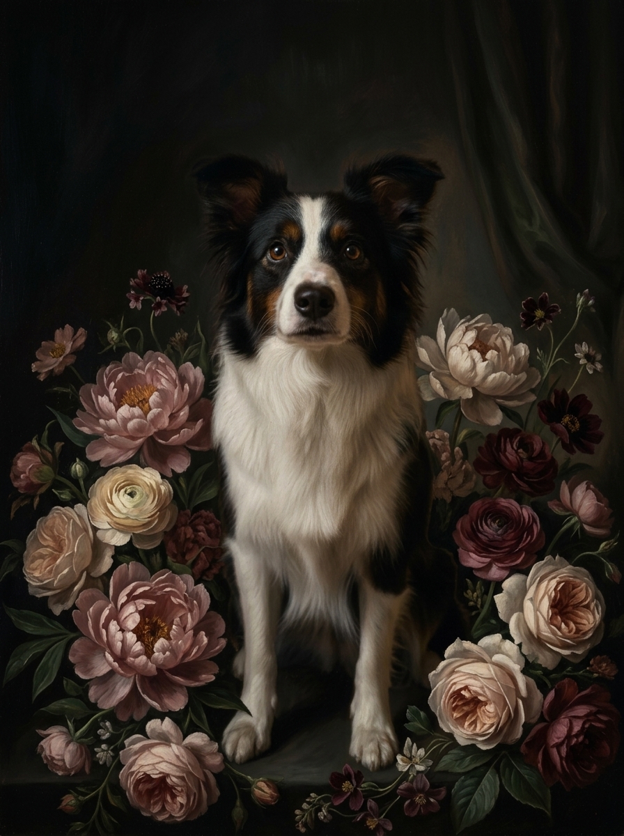 ボーダーコリーの花の油絵風アート花柄額装プリント（A3サイズ）（4枚目）