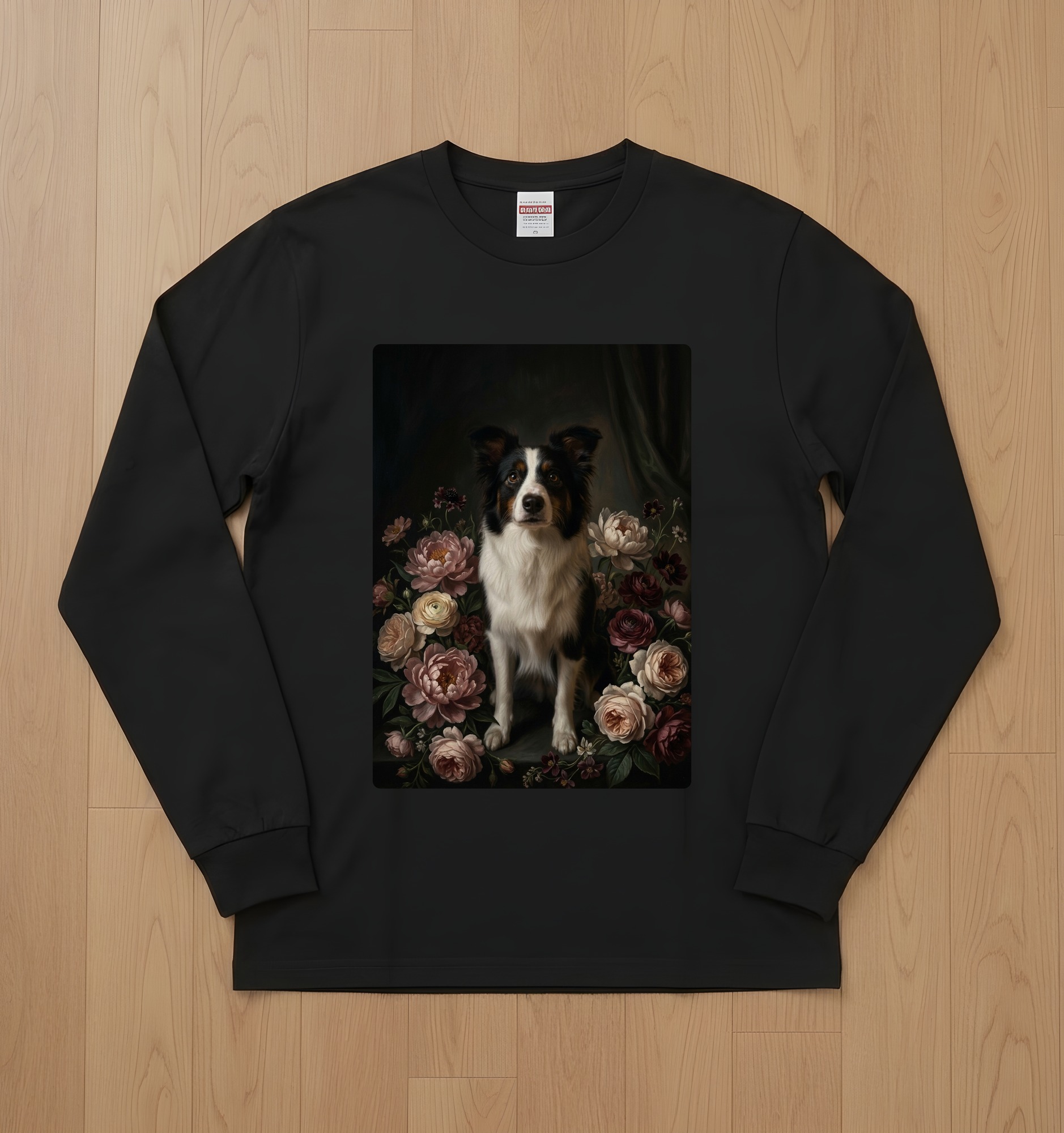 ボーダーコリーの花の油絵風アート花柄長袖Tシャツ(ブラック)
