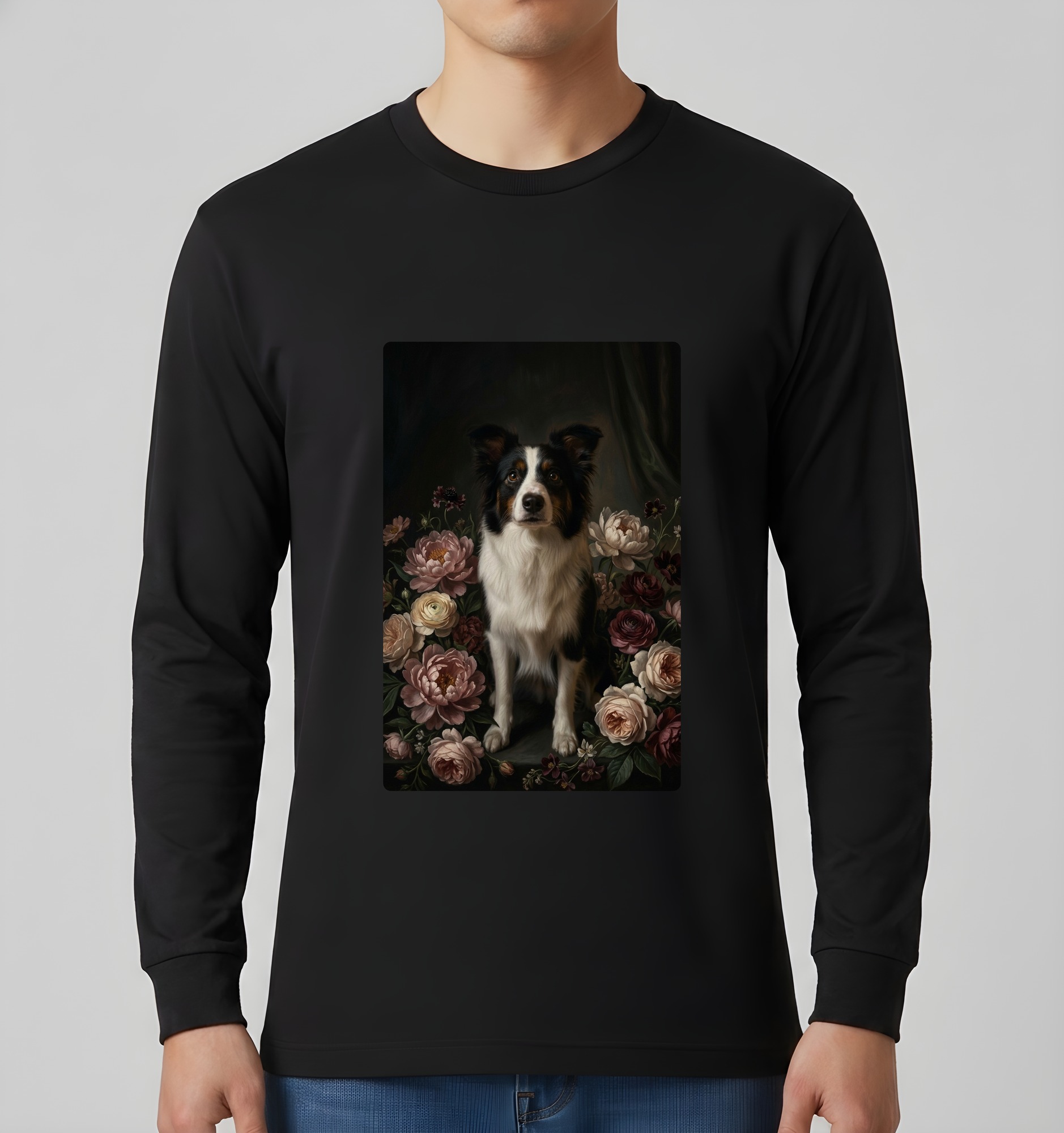 ボーダーコリーの花の油絵風アート花柄長袖Tシャツ(ブラック)(3枚目)