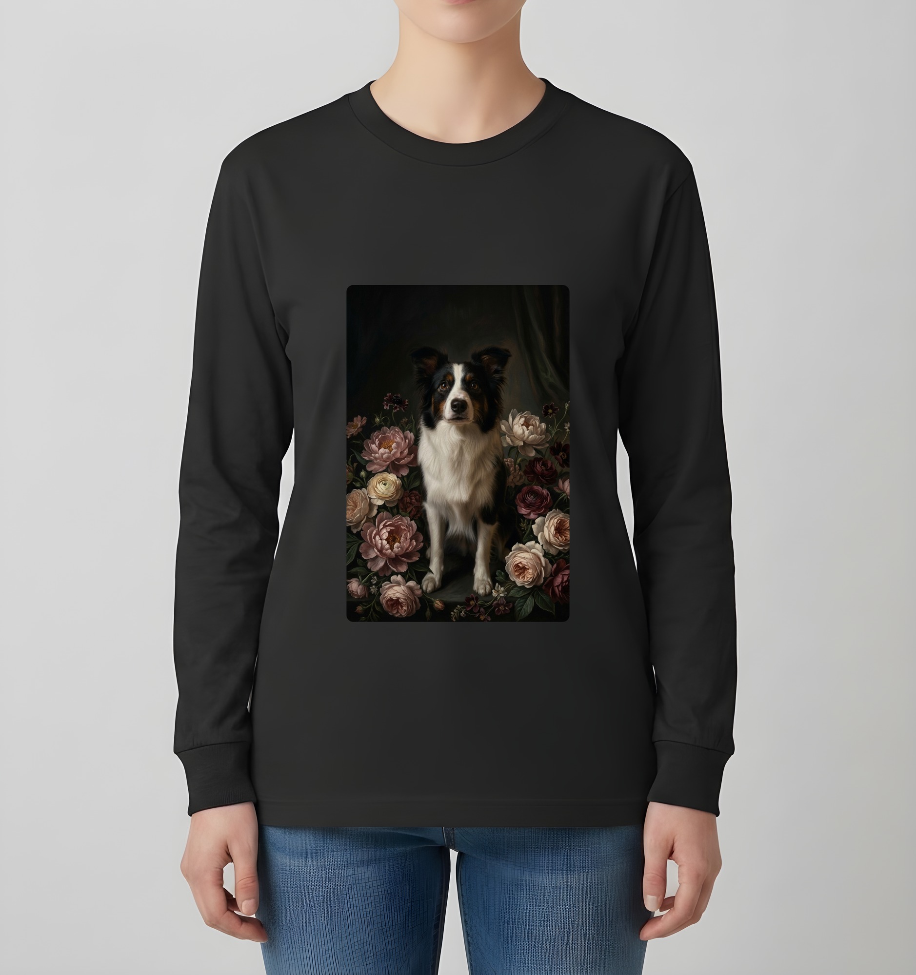 ボーダーコリーの花の油絵風アート花柄長袖Tシャツ(ブラック)(4枚目)