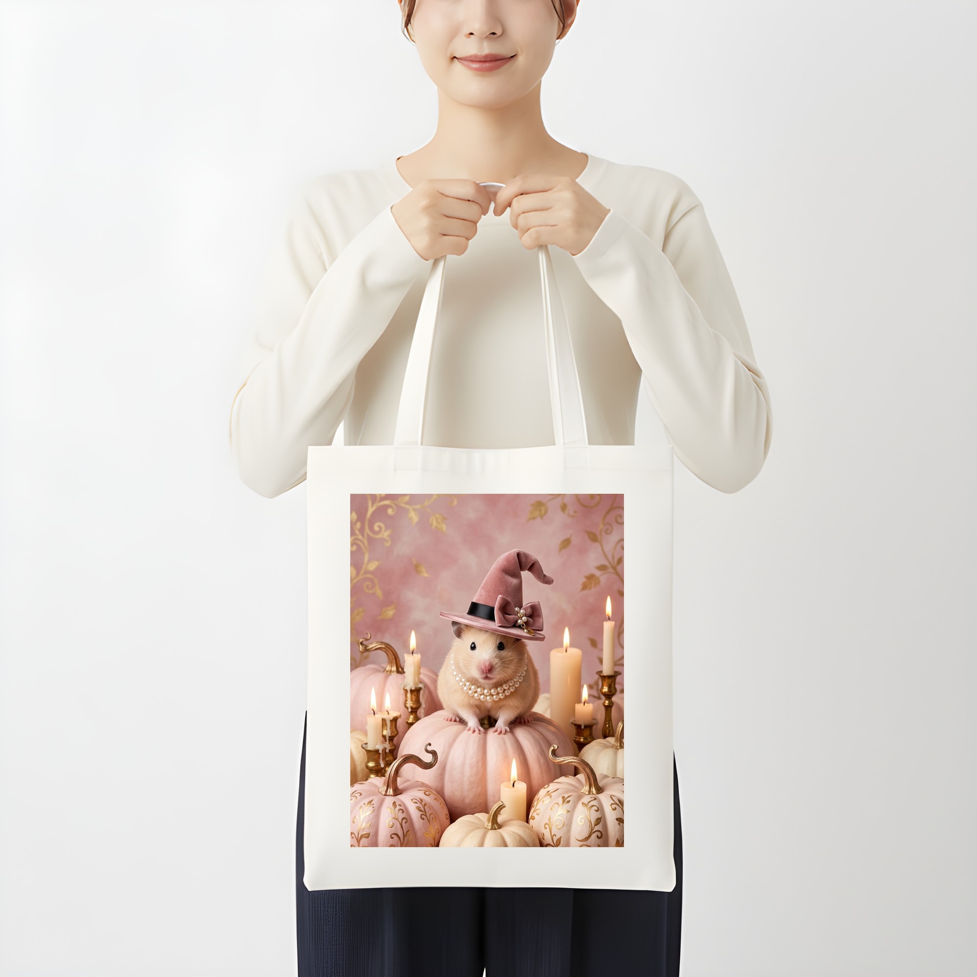 クリームハムスターのかぼちゃとキャンドルの油絵風アートハロウィントートバッグ(3枚目)