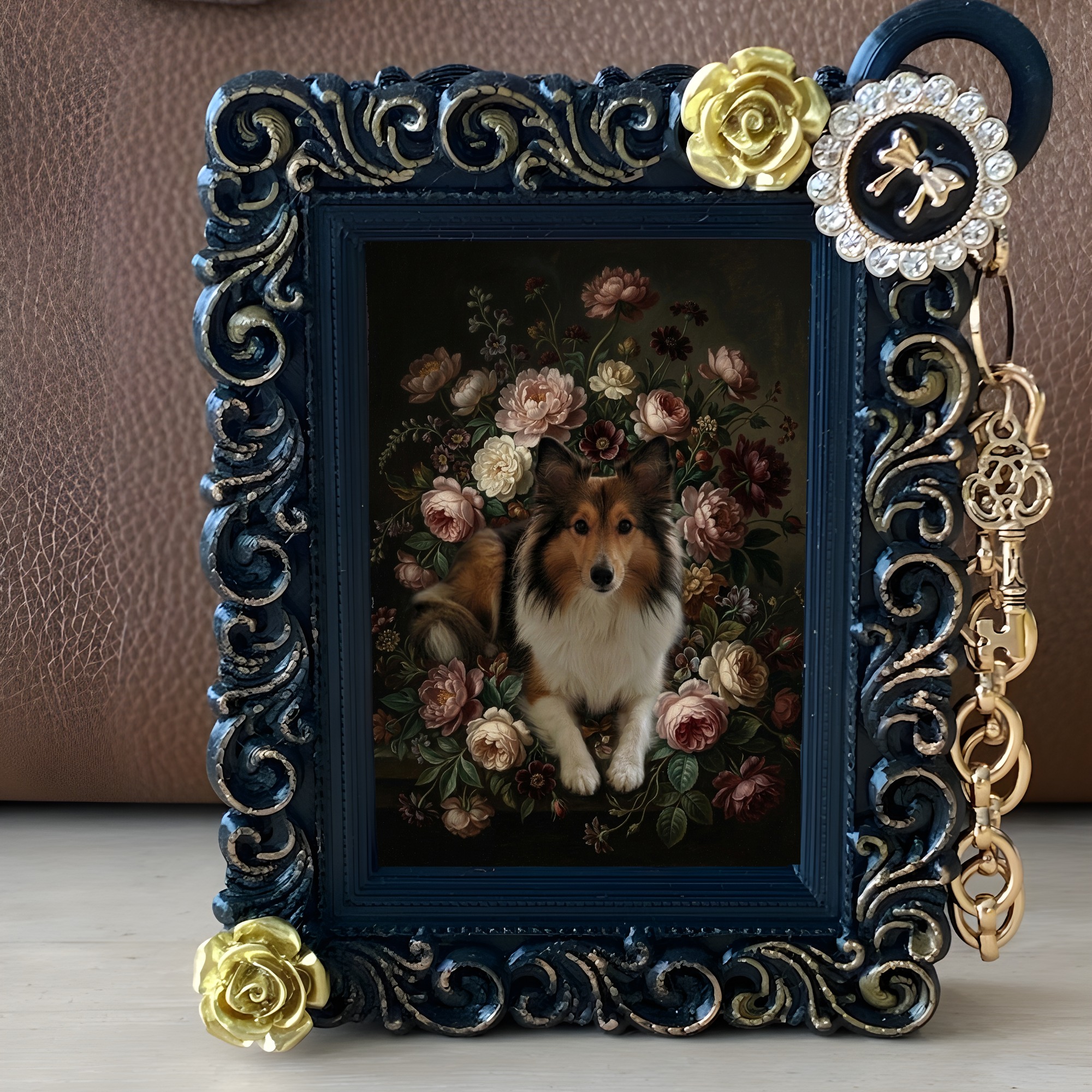 シェットランドシープドッグの花の油絵風アート花柄バッグチャーム（ブラック）（2枚目）