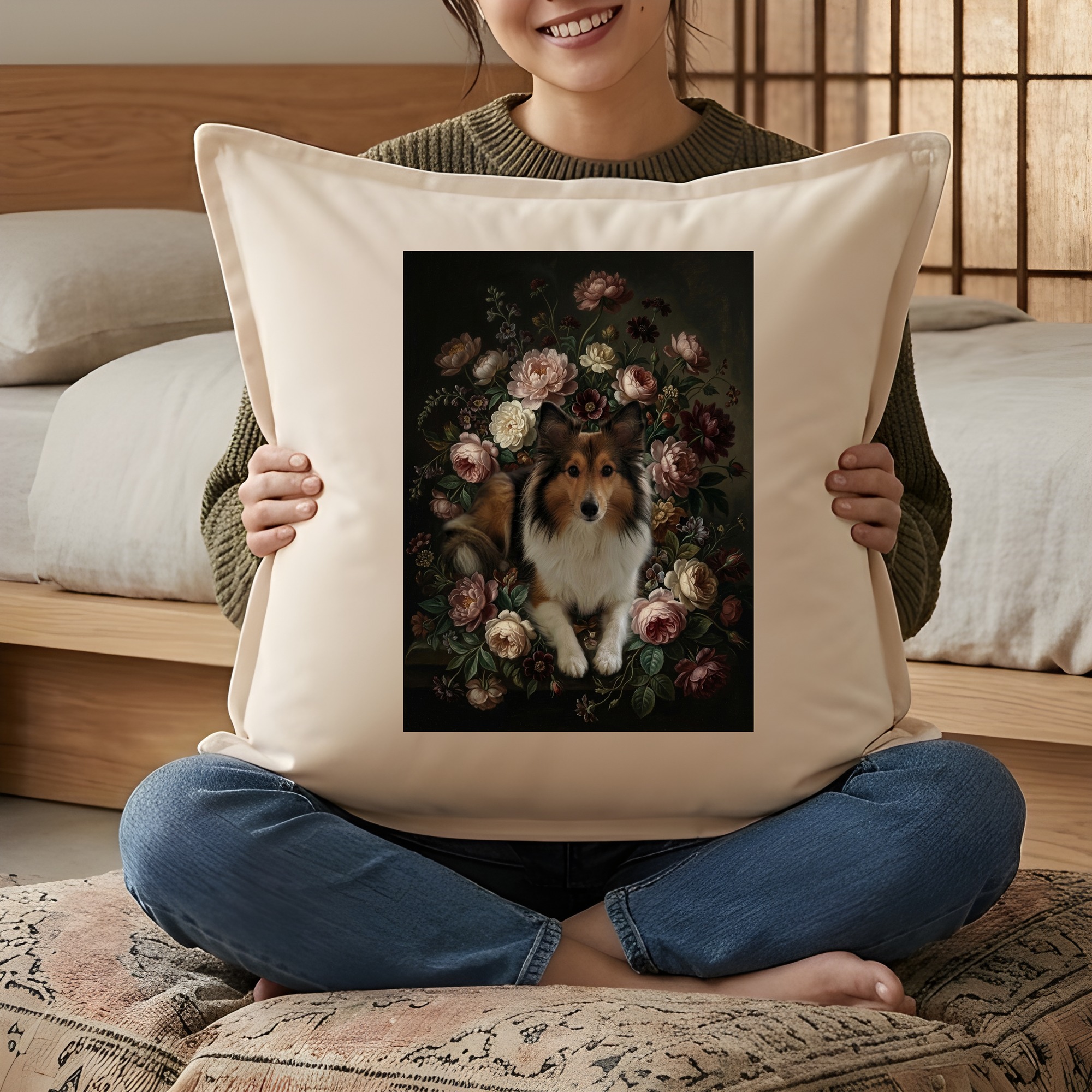 シェットランドシープドッグの花の油絵風アート花柄クッション（3枚目）