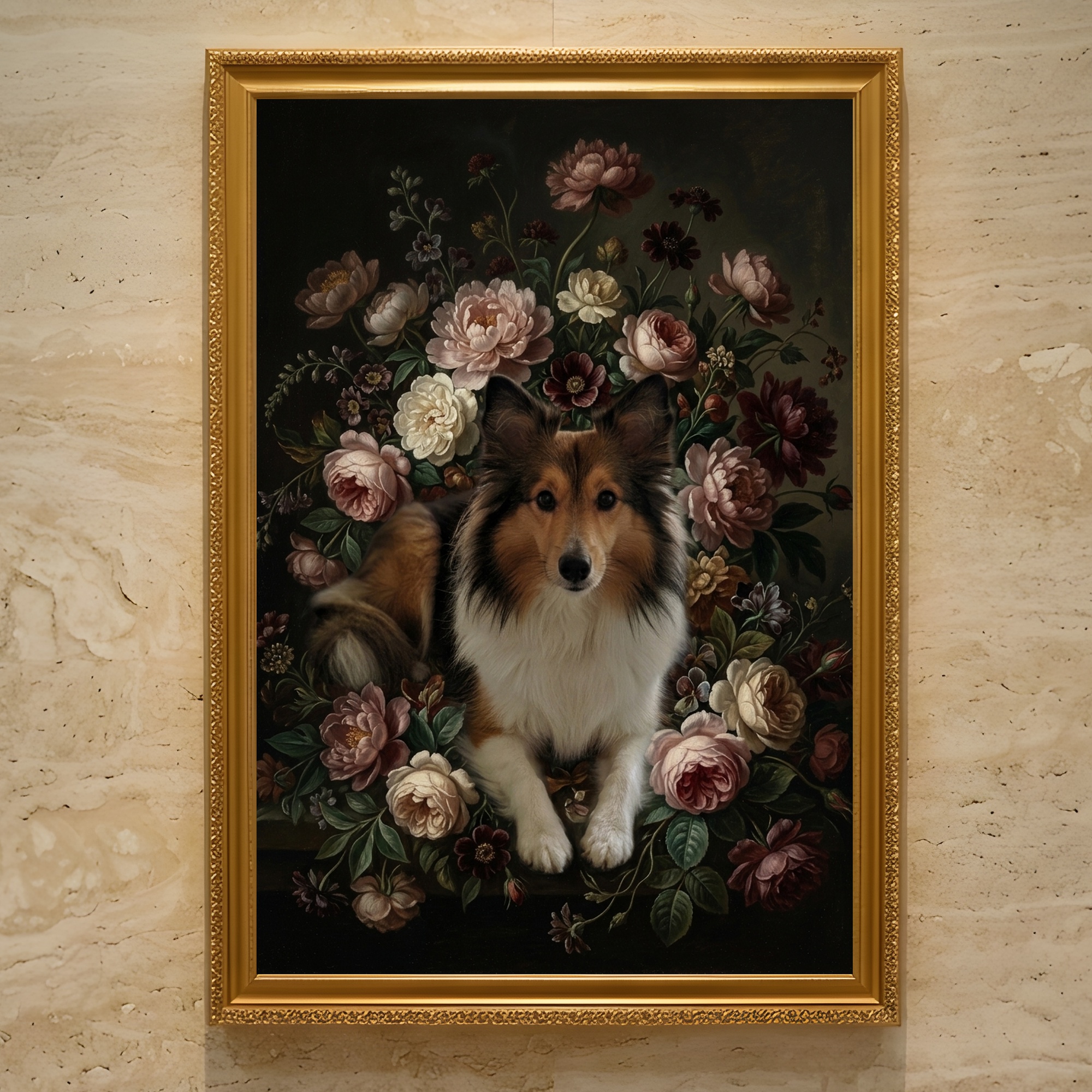 シェットランドシープドッグの花の油絵風アート花柄額装プリント(A3サイズ)