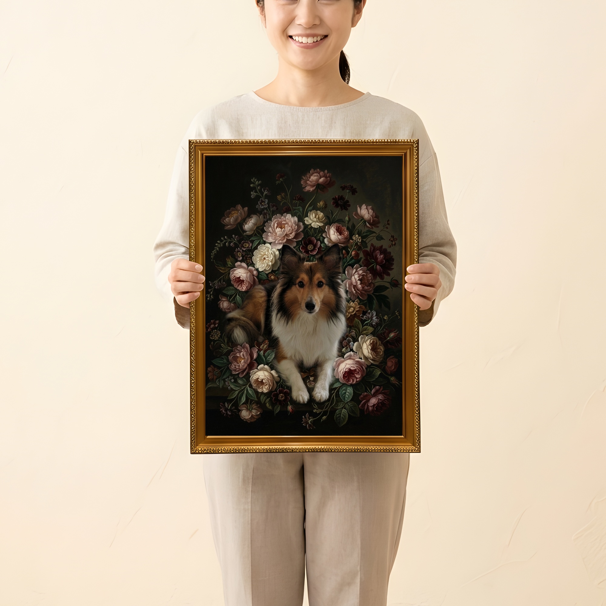 シェットランドシープドッグの花の油絵風アート花柄額装プリント（A3サイズ）（2枚目）