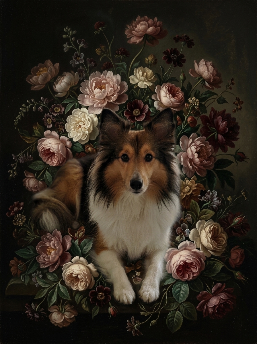 シェットランドシープドッグの花の油絵風アート花柄額装プリント（A3サイズ）（4枚目）