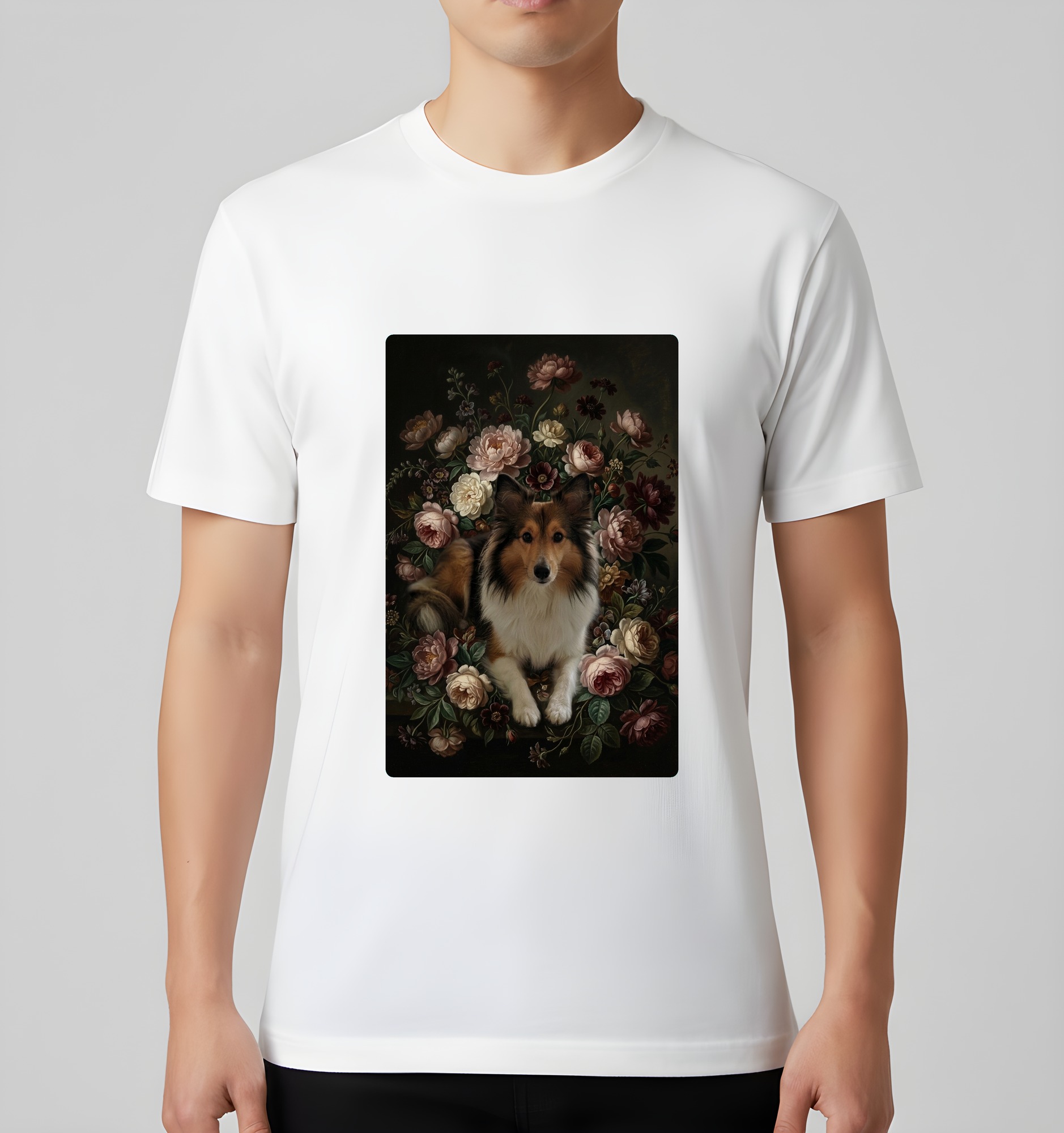 シェットランドシープドッグの花の油絵風アート花柄Tシャツ(ホワイト)(3枚目)