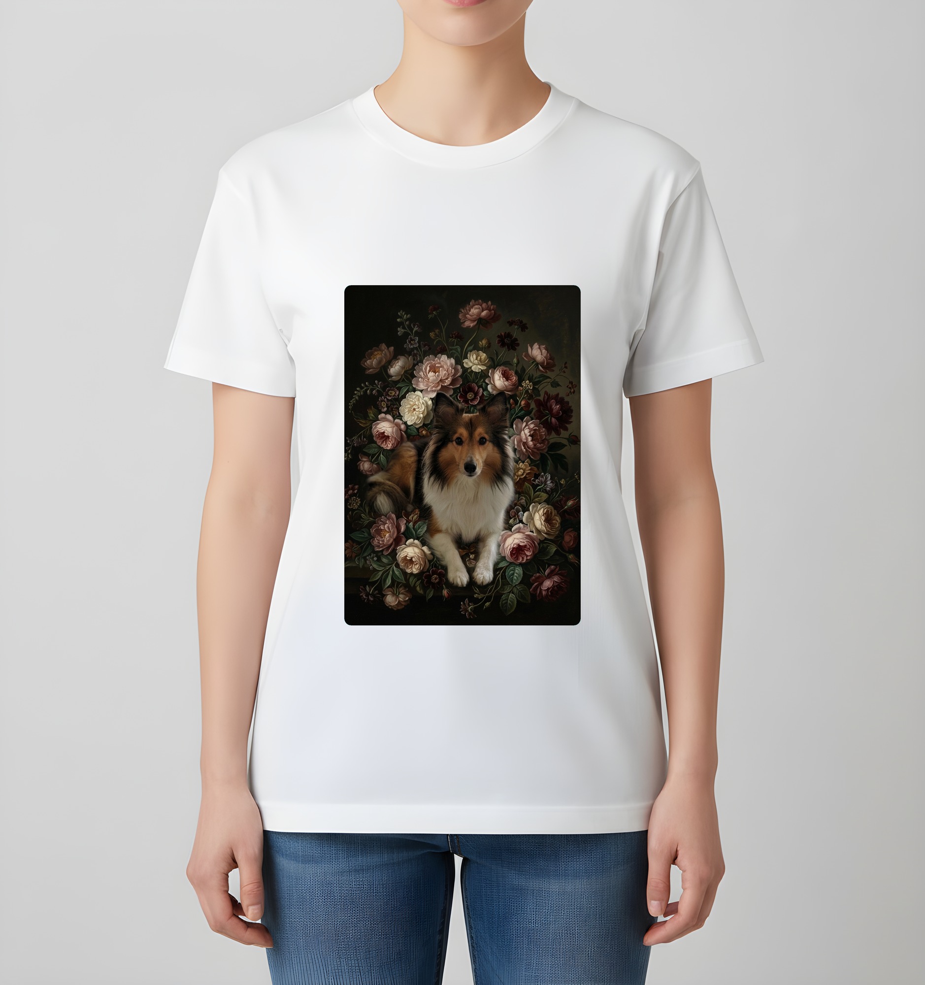 シェットランドシープドッグの花の油絵風アート花柄Tシャツ(ホワイト)(4枚目)
