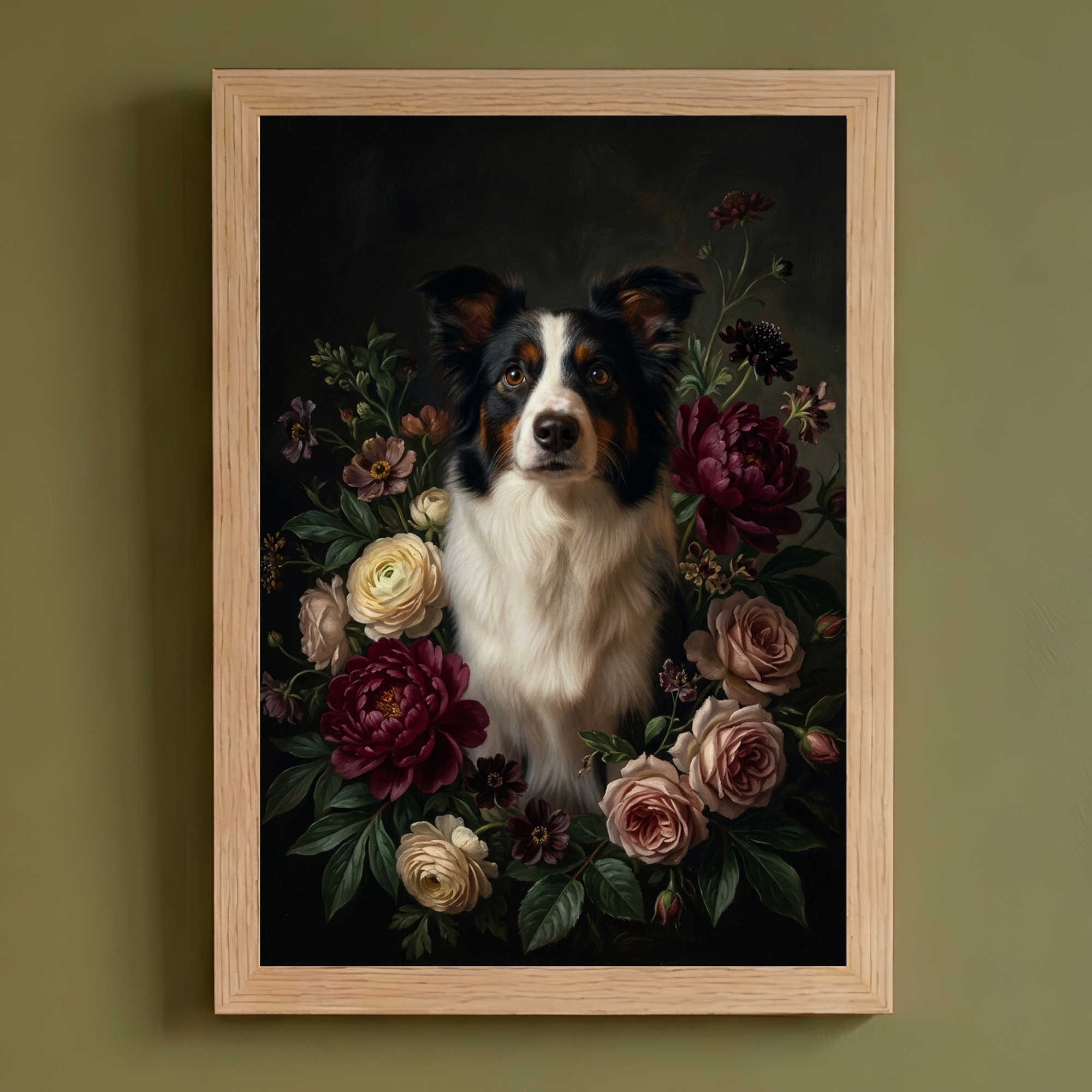 ボーダーコリーの花の油絵風アート花柄額装プリント(A4サイズ)