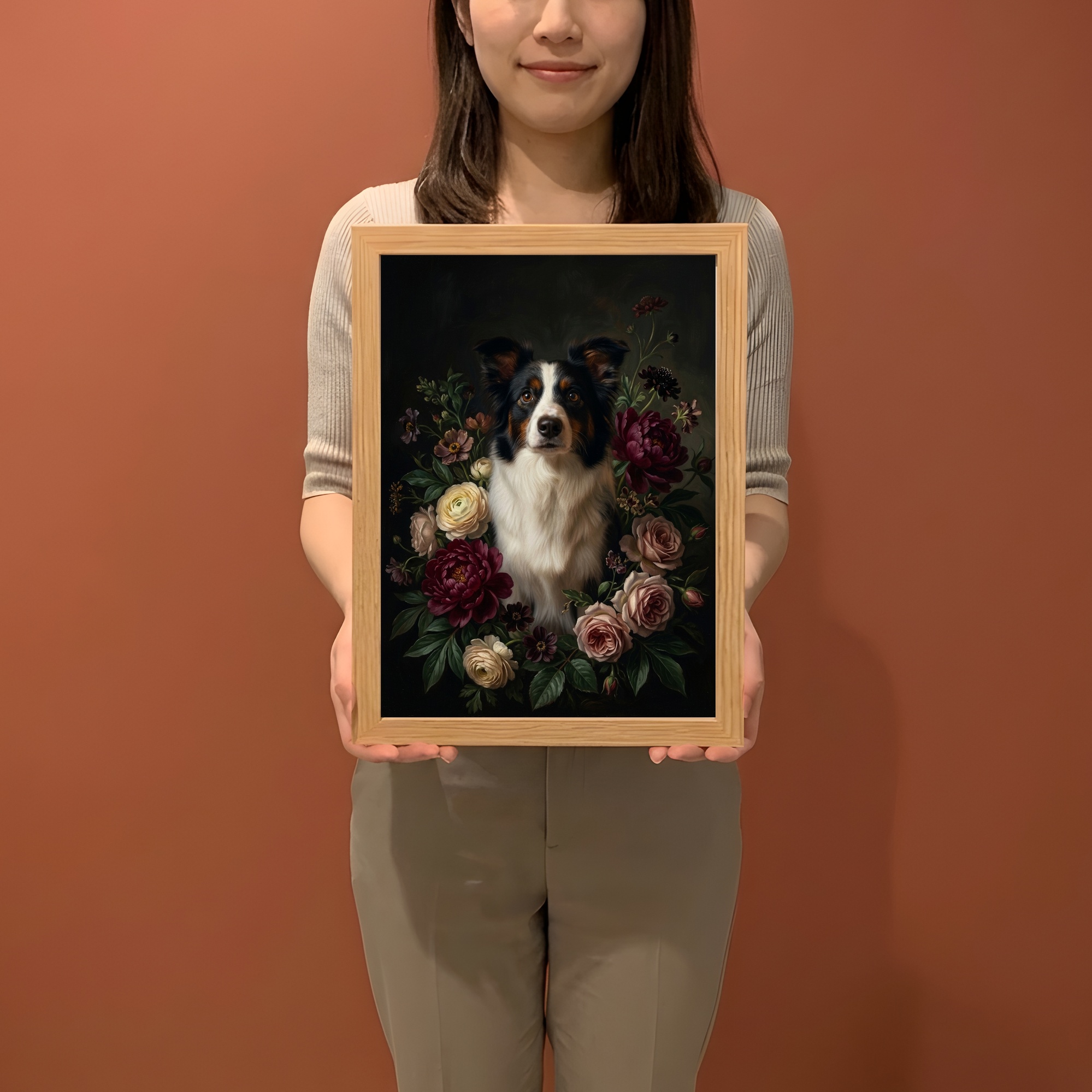 ボーダーコリーの花の油絵風アート花柄額装プリント(A4サイズ)(2枚目)