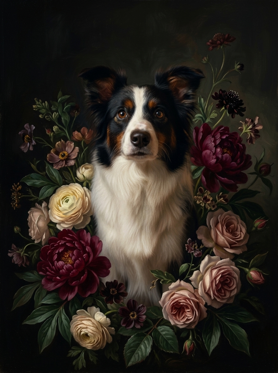 ボーダーコリーの花の油絵風アート花柄額装プリント(A4サイズ)(4枚目)