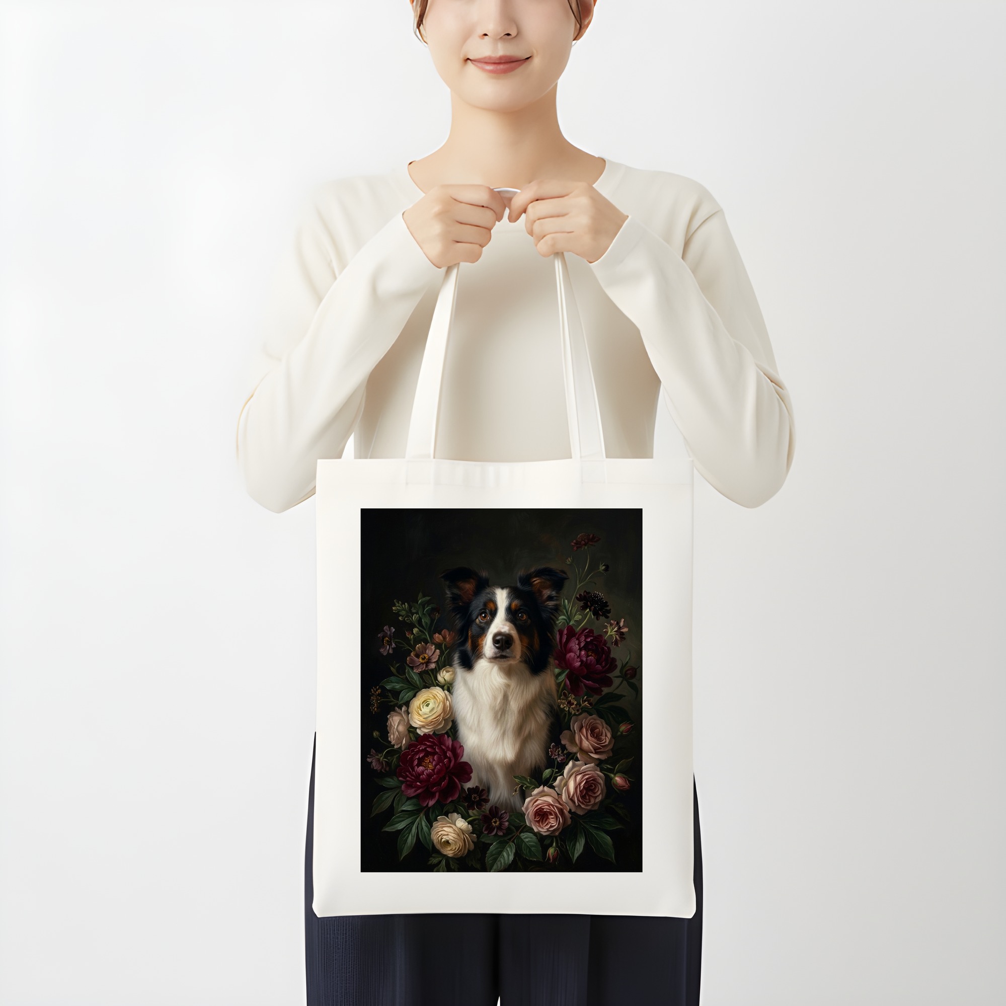 ボーダーコリーの花の油絵風アート花柄トートバッグ（3枚目）