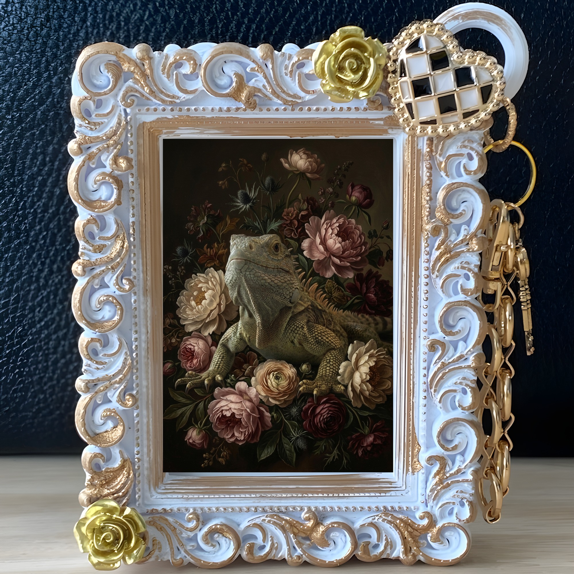トゲオイグアナの花の油絵風アート花柄バッグチャーム（ホワイト）（2枚目）