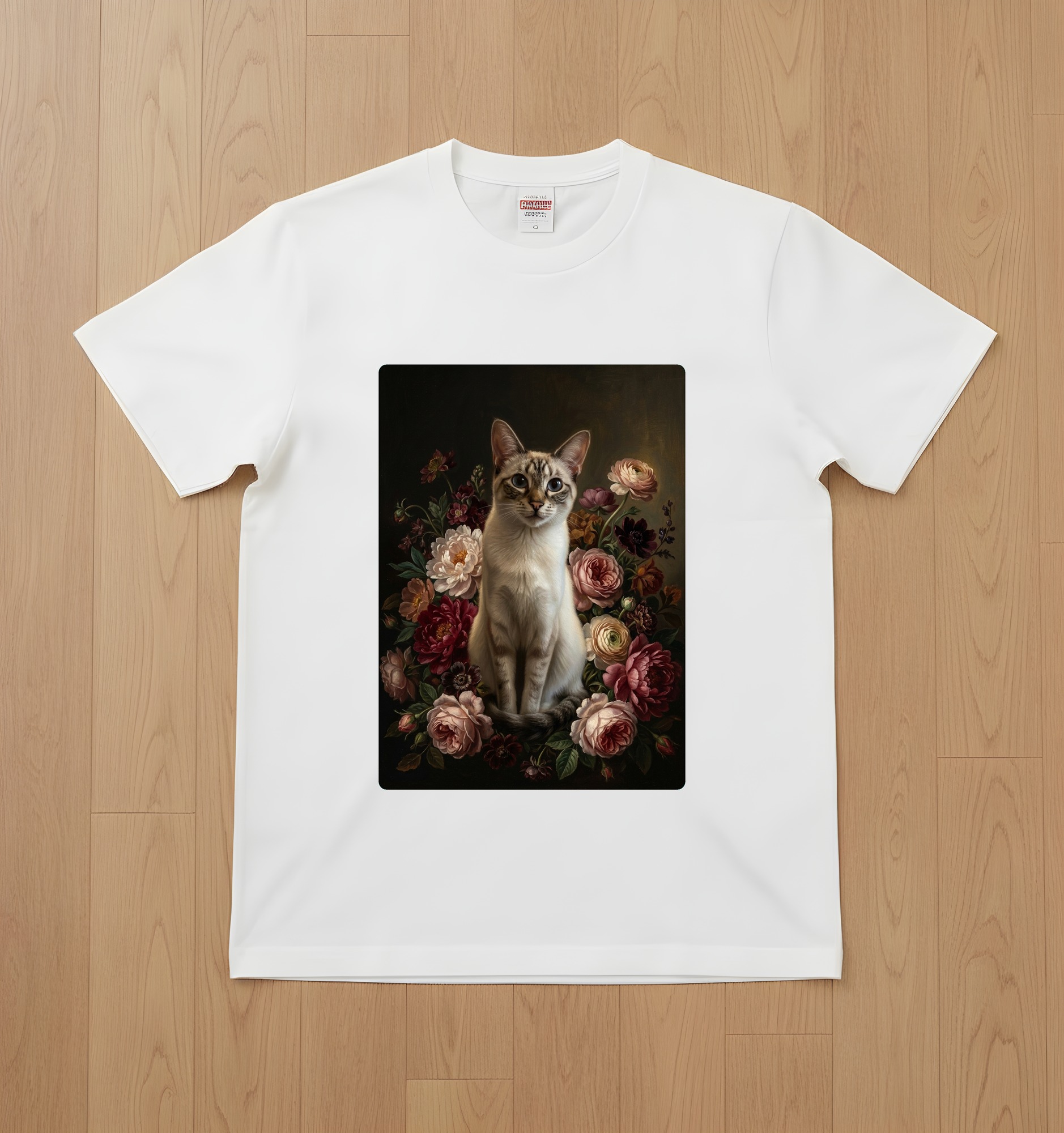 バリニーズの花の油絵風アート花柄Tシャツ(ホワイト)