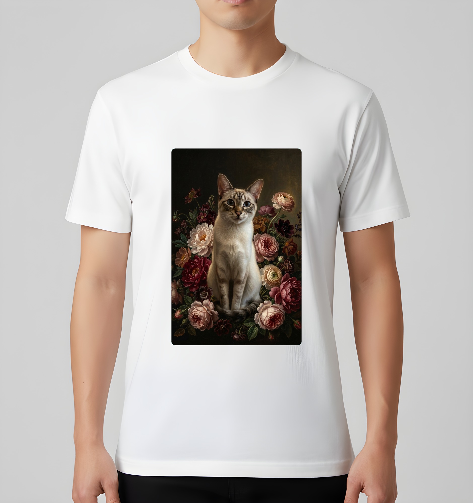 バリニーズの花の油絵風アート花柄Tシャツ(ホワイト)(3枚目)