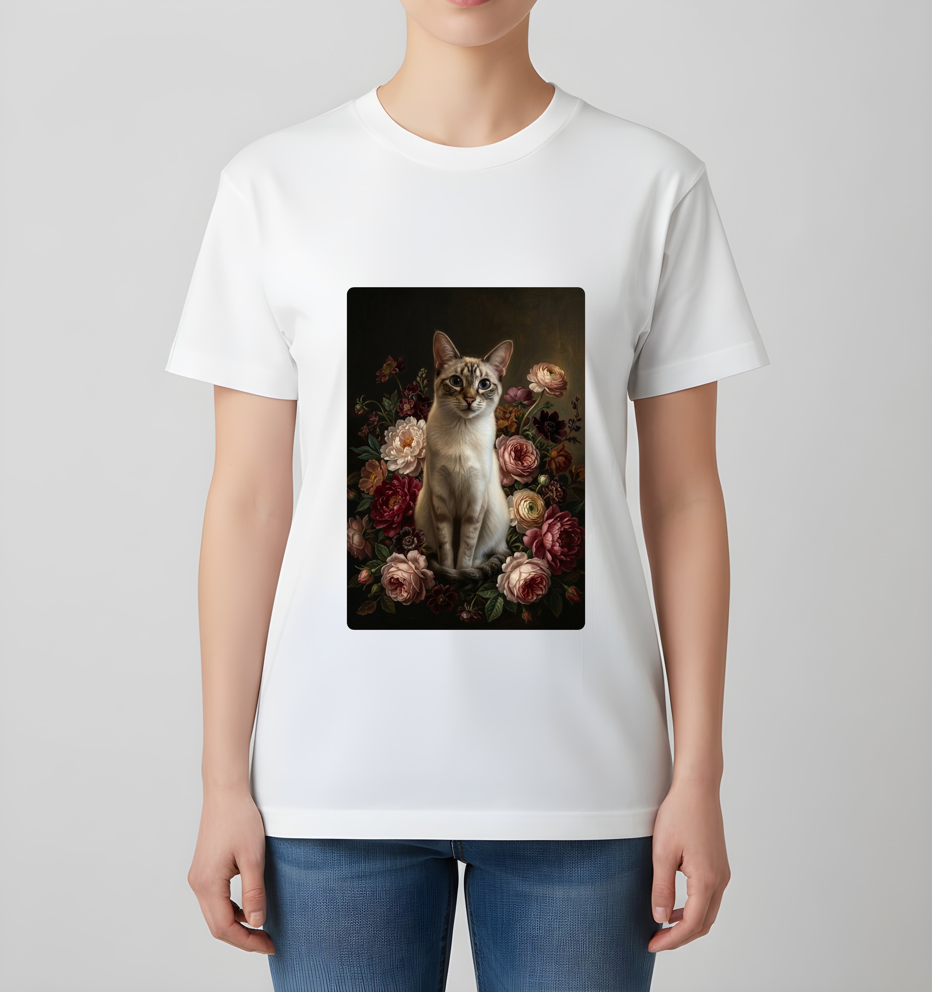 バリニーズの花の油絵風アート花柄Tシャツ(ホワイト)(4枚目)