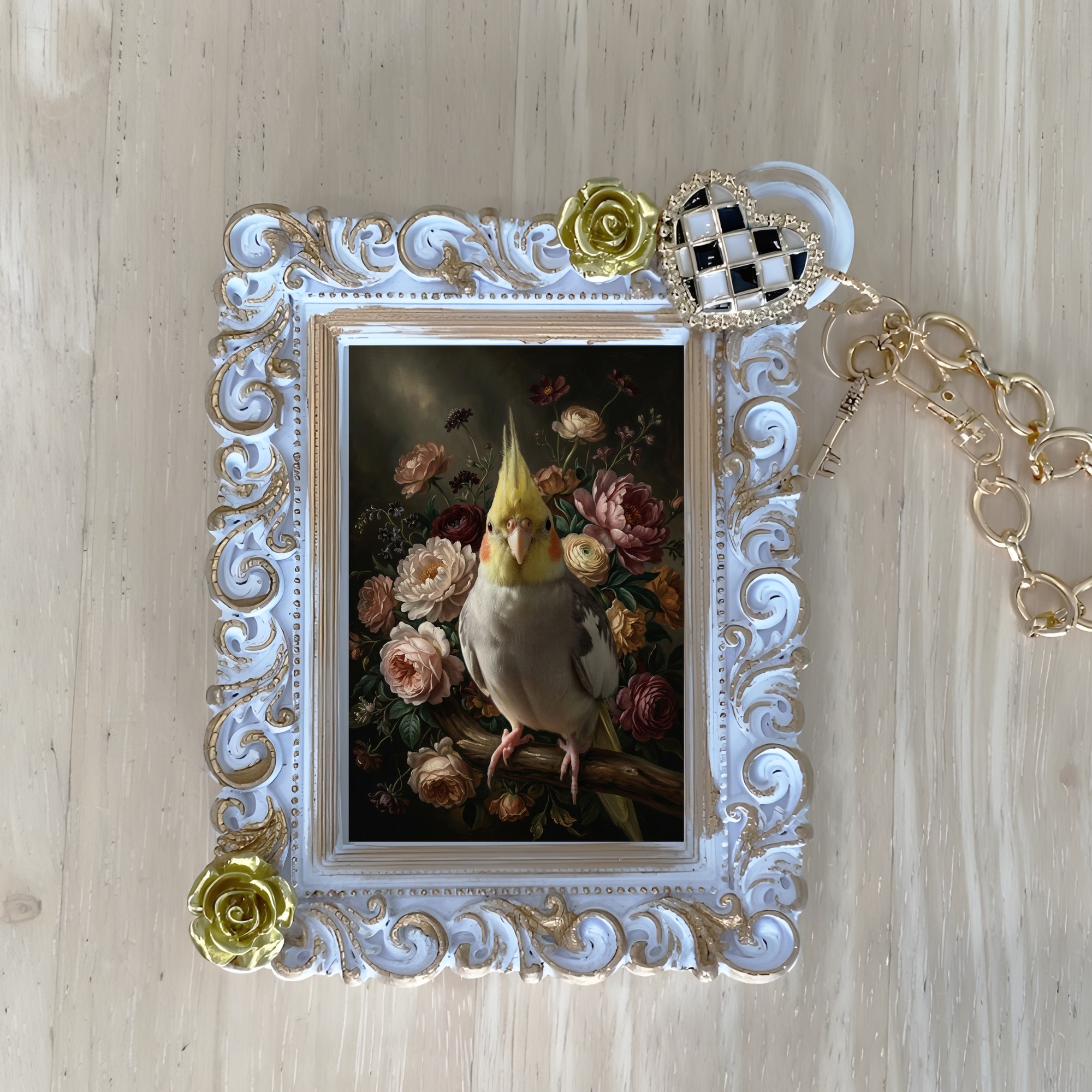 オカメインコの花の油絵風アート花柄バッグチャーム(ホワイト)