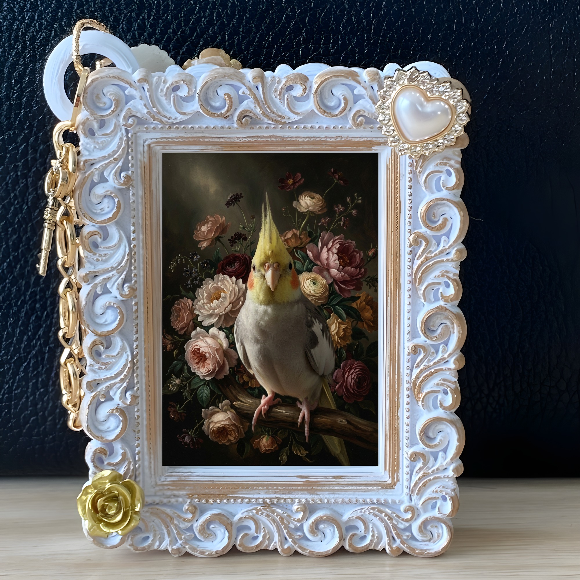 オカメインコの花の油絵風アート花柄バッグチャーム(ホワイト)(5枚目)