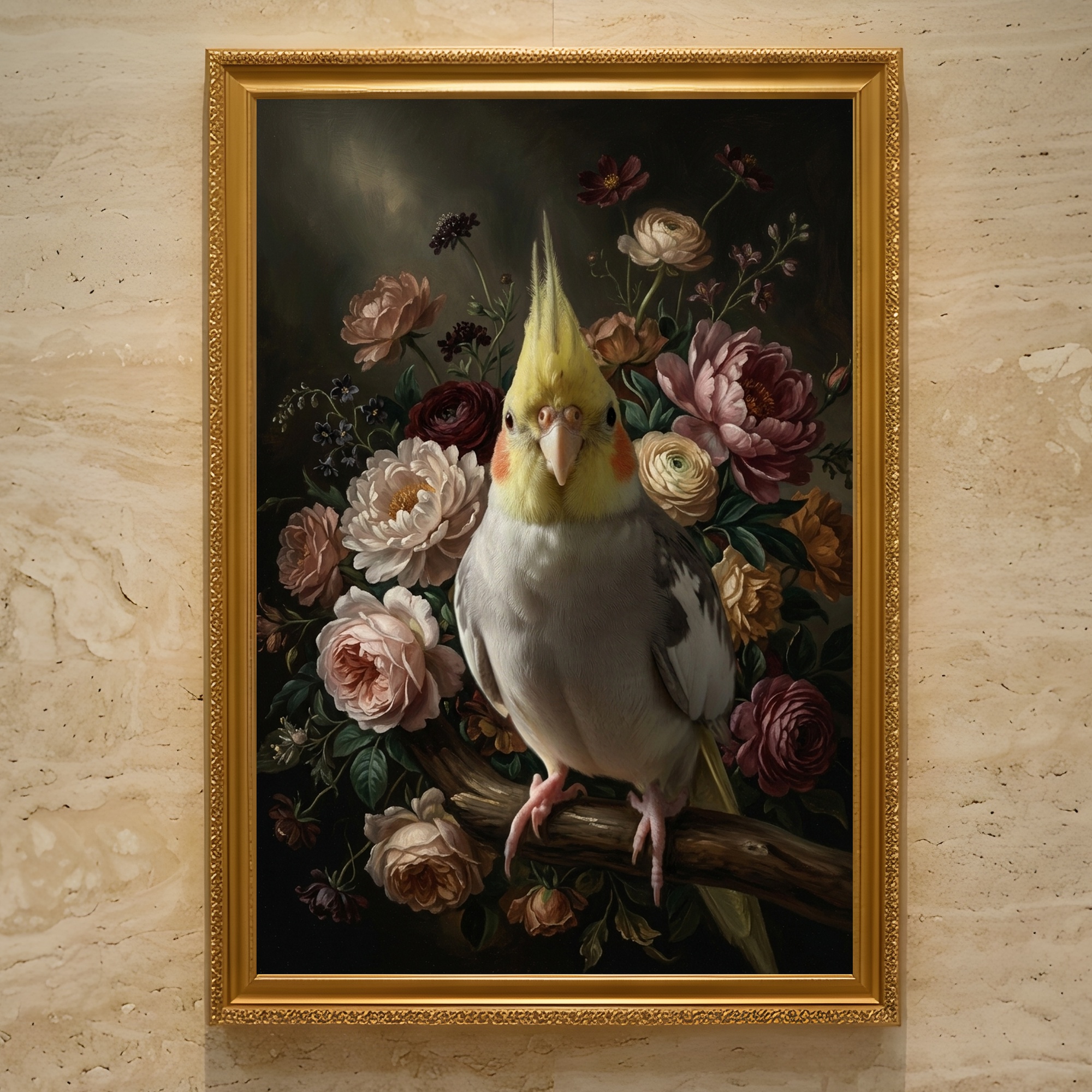オカメインコの花の油絵風アート花柄額装プリント(A3サイズ)