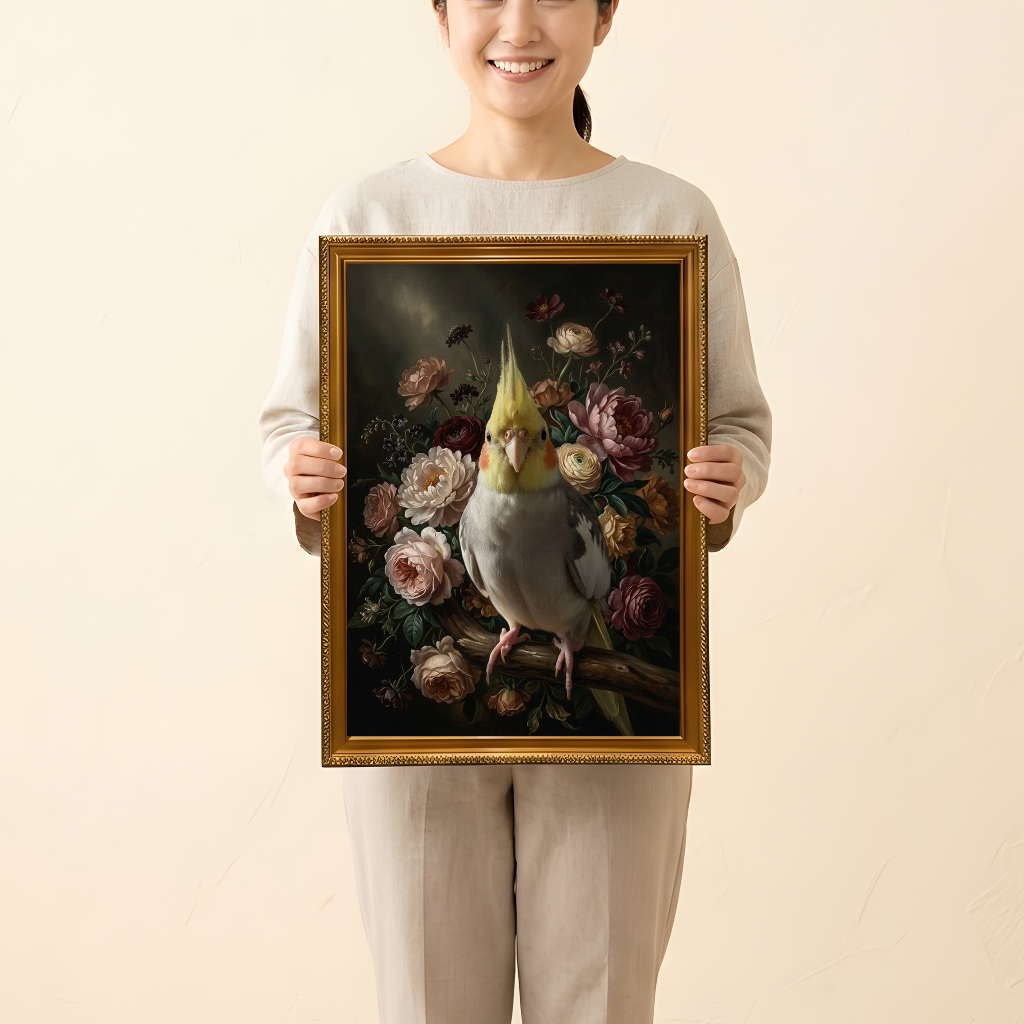 オカメインコの花の油絵風アート花柄額装プリント(A3サイズ)(2枚目)