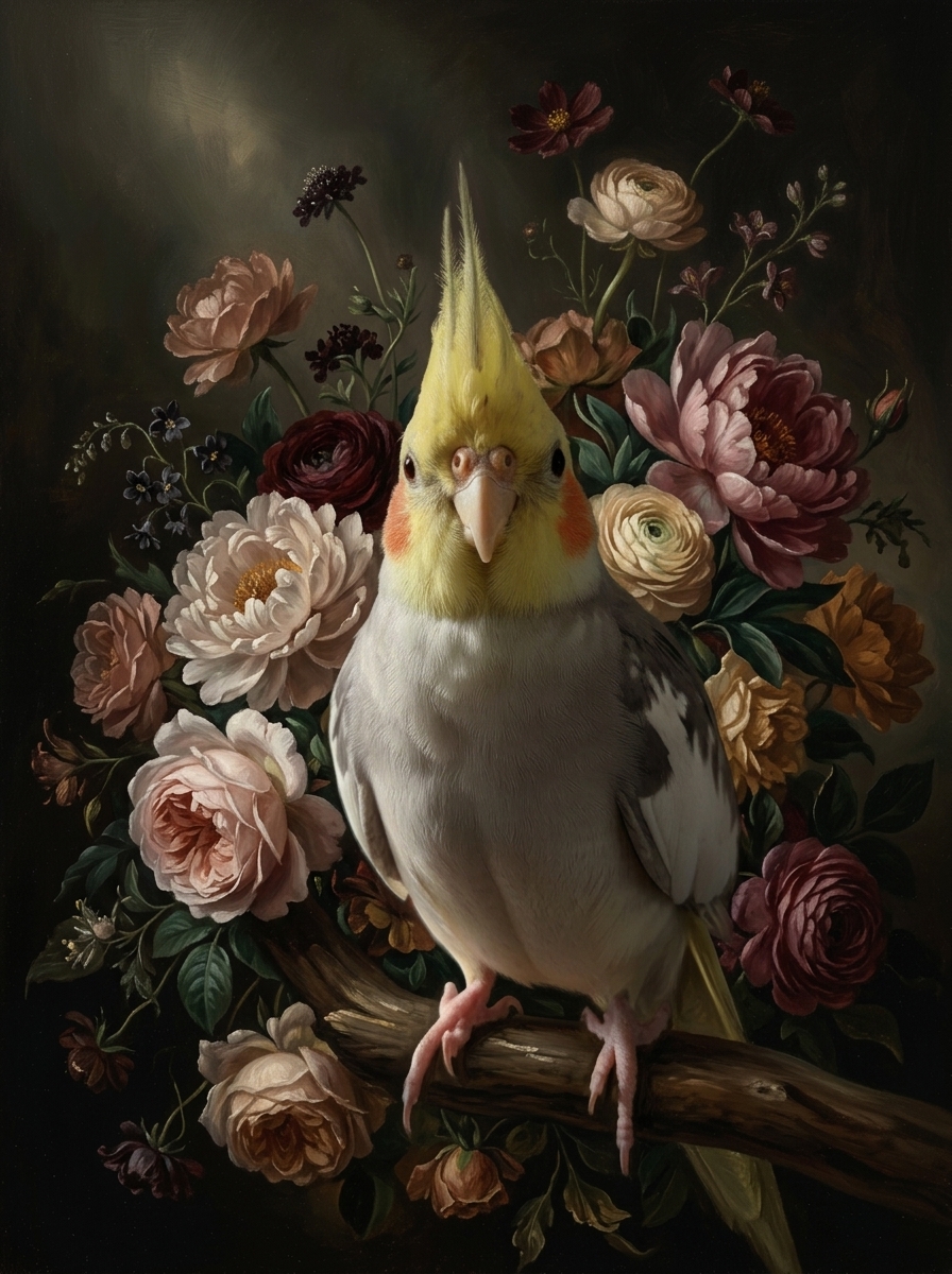 オカメインコの花の油絵風アート花柄額装プリント(A3サイズ)(4枚目)