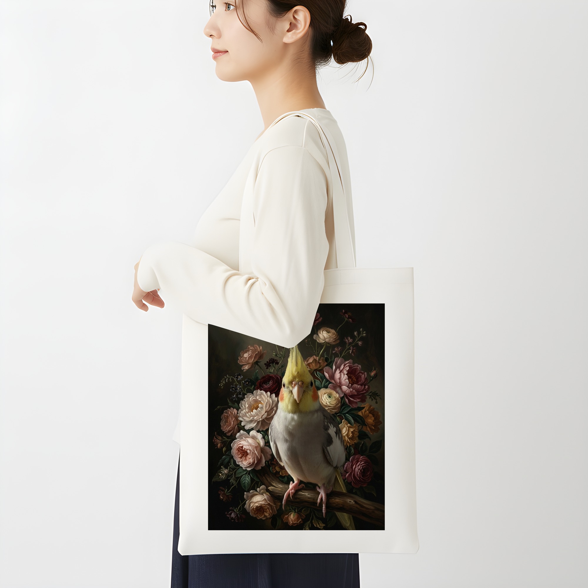 オカメインコの花の油絵風アート花柄トートバッグ（2枚目）