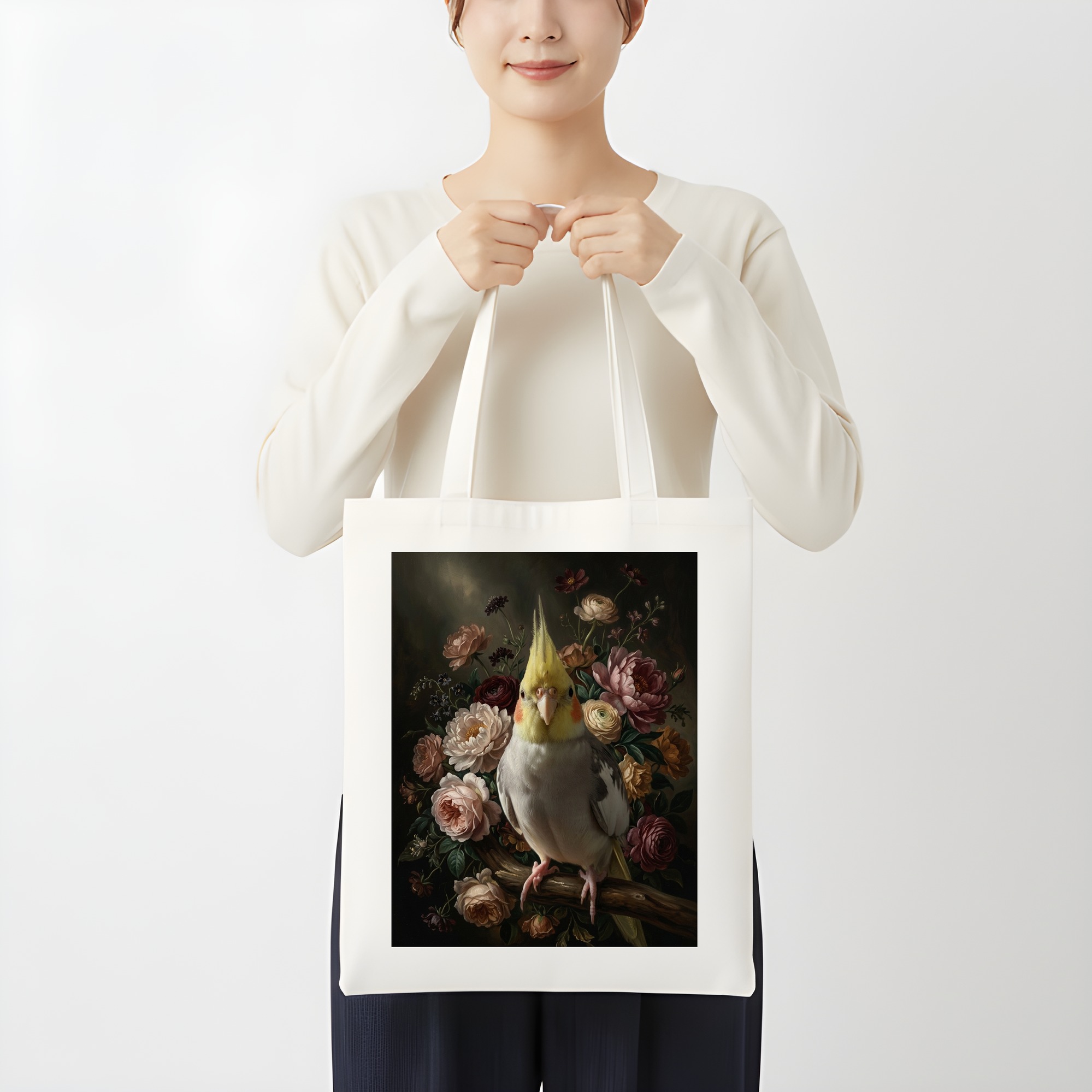 オカメインコの花の油絵風アート花柄トートバッグ（3枚目）