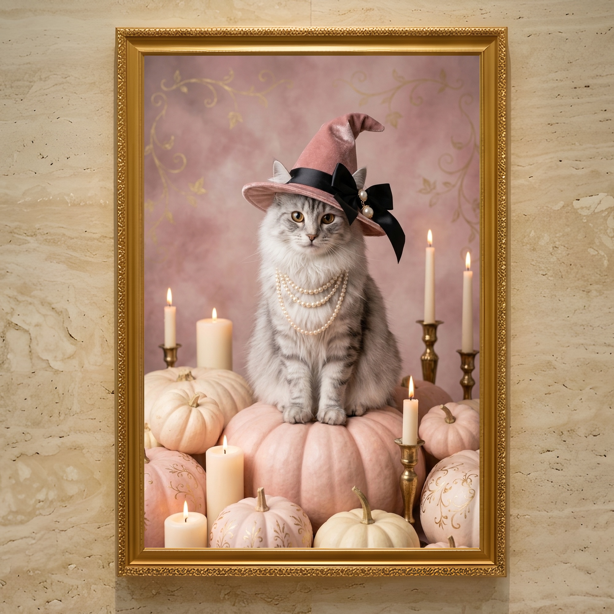 ノルウェージャンフォレストキャットのかぼちゃとキャンドルの油絵風アートハロウィン額装プリント(A3サイズ)