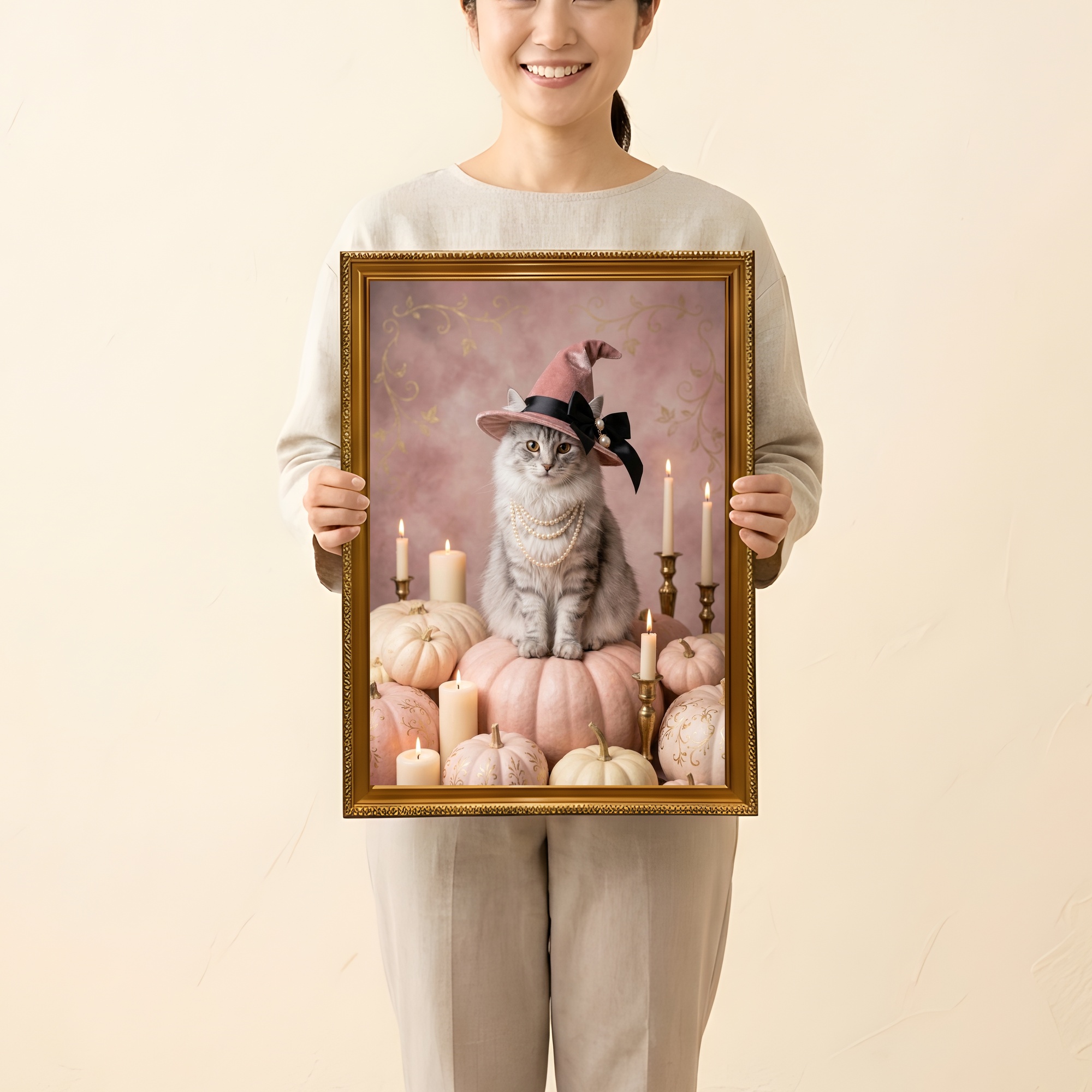 ノルウェージャンフォレストキャットのかぼちゃとキャンドルの油絵風アートハロウィン額装プリント(A3サイズ)(2枚目)