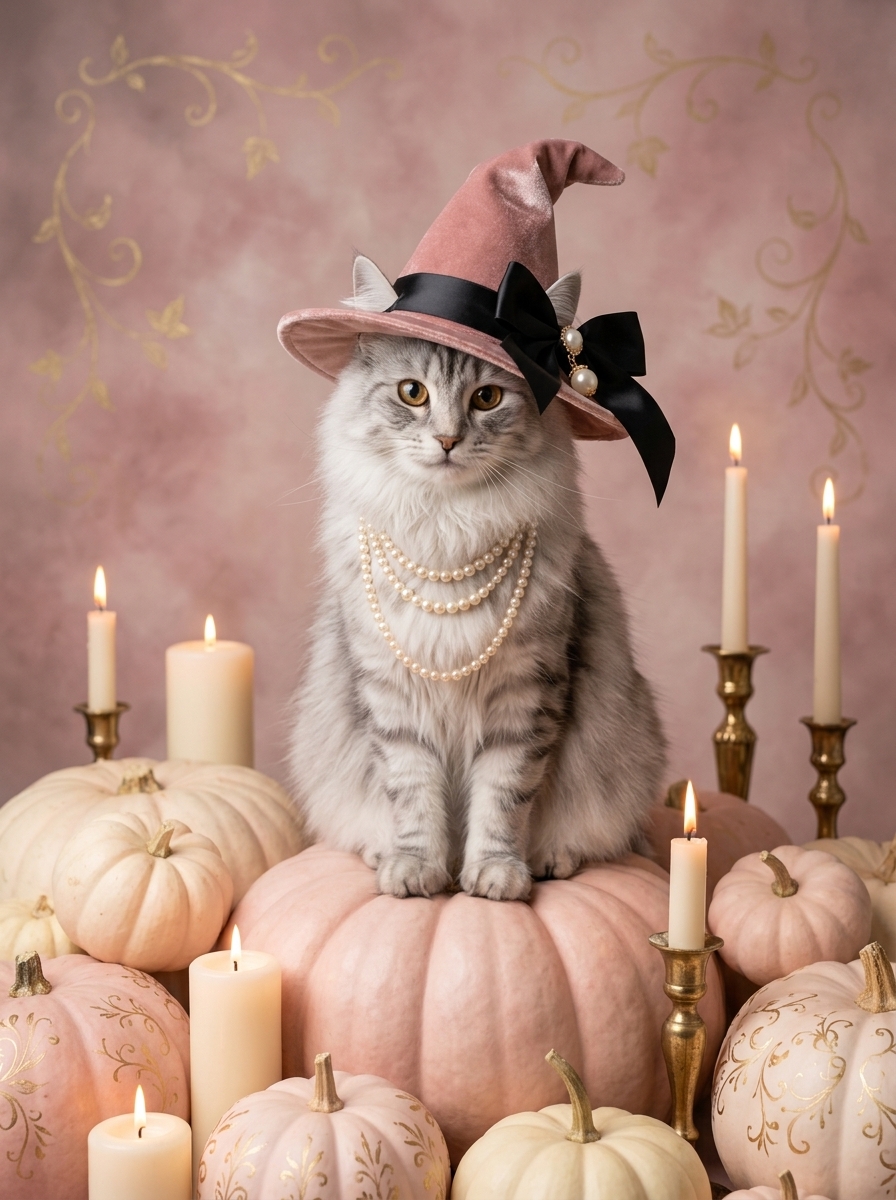 ノルウェージャンフォレストキャットのかぼちゃとキャンドルの油絵風アートハロウィン額装プリント(A3サイズ)(4枚目)
