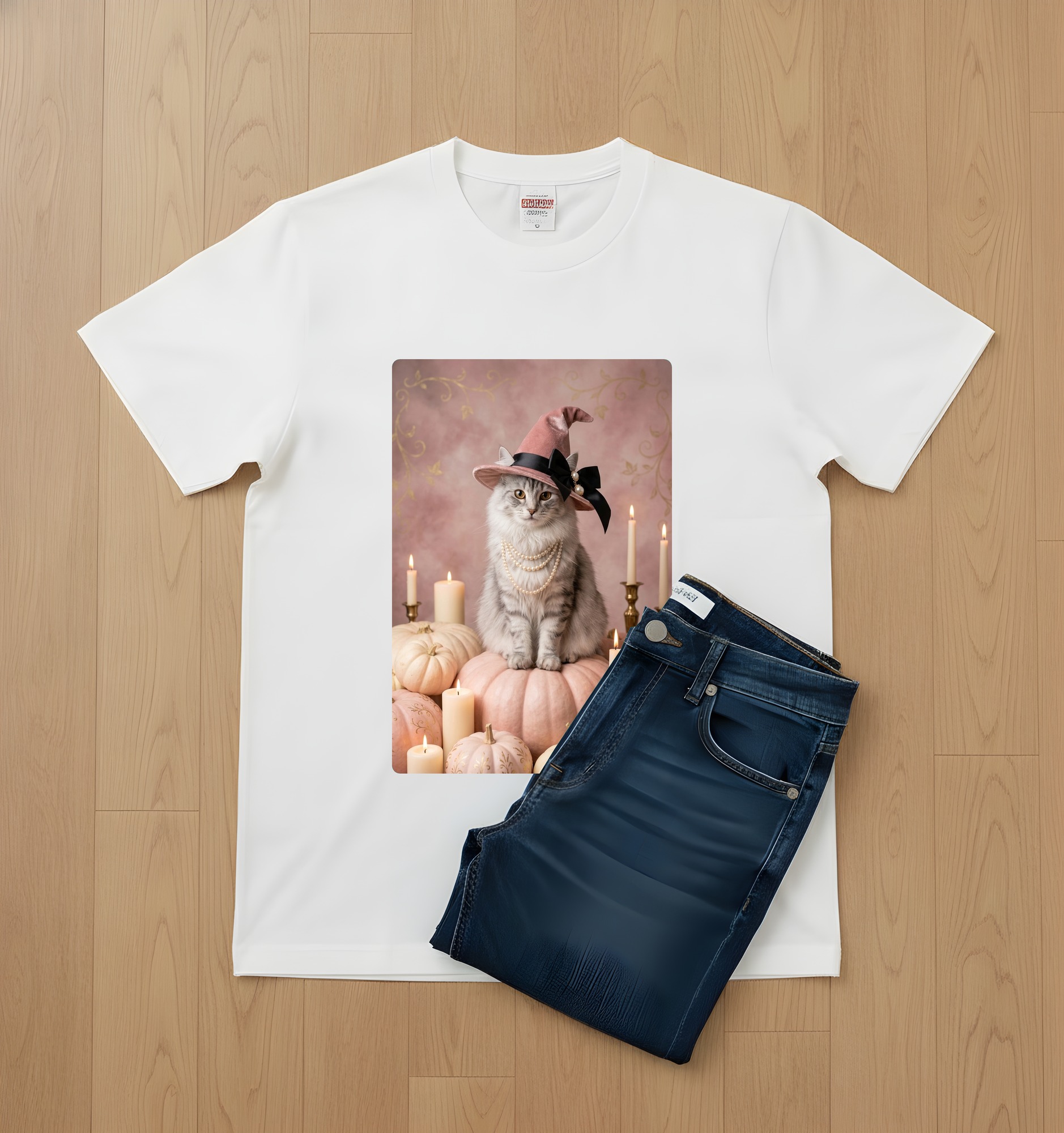 ノルウェージャンフォレストキャットのかぼちゃとキャンドルの油絵風アートハロウィンTシャツ（ホワイト）（2枚目）