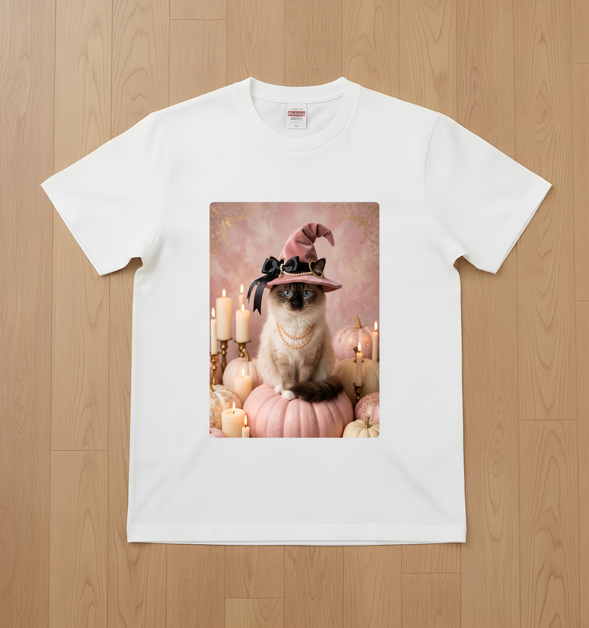 バーマンのかぼちゃとキャンドルの油絵風アートハロウィンTシャツ(ホワイト)