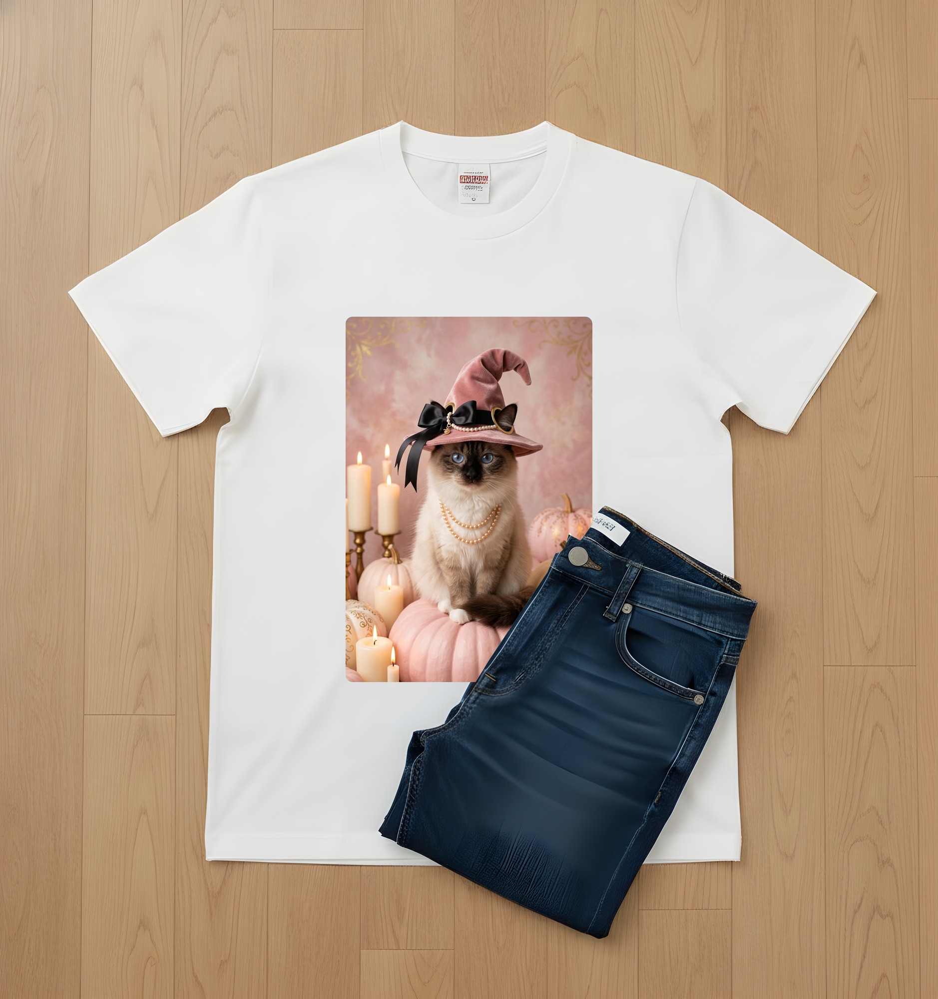 バーマンのかぼちゃとキャンドルの油絵風アートハロウィンTシャツ(ホワイト)(2枚目)