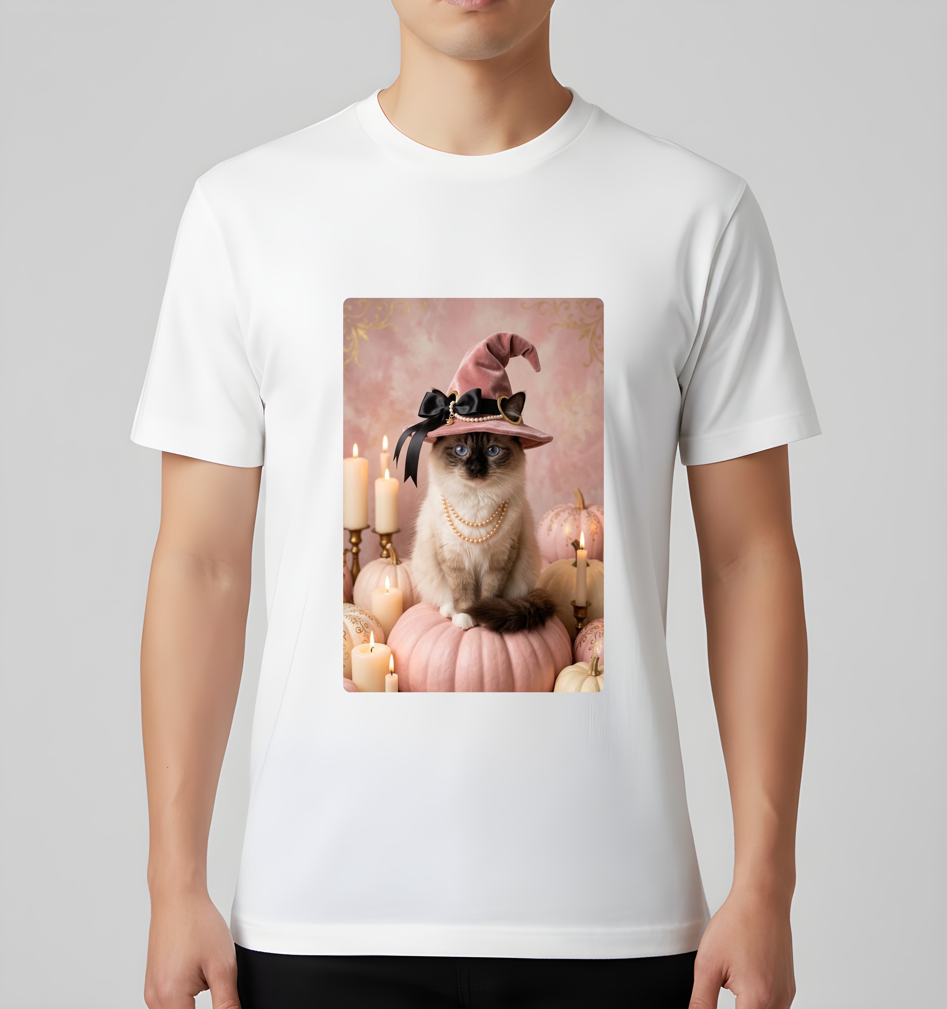 バーマンのかぼちゃとキャンドルの油絵風アートハロウィンTシャツ(ホワイト)(3枚目)